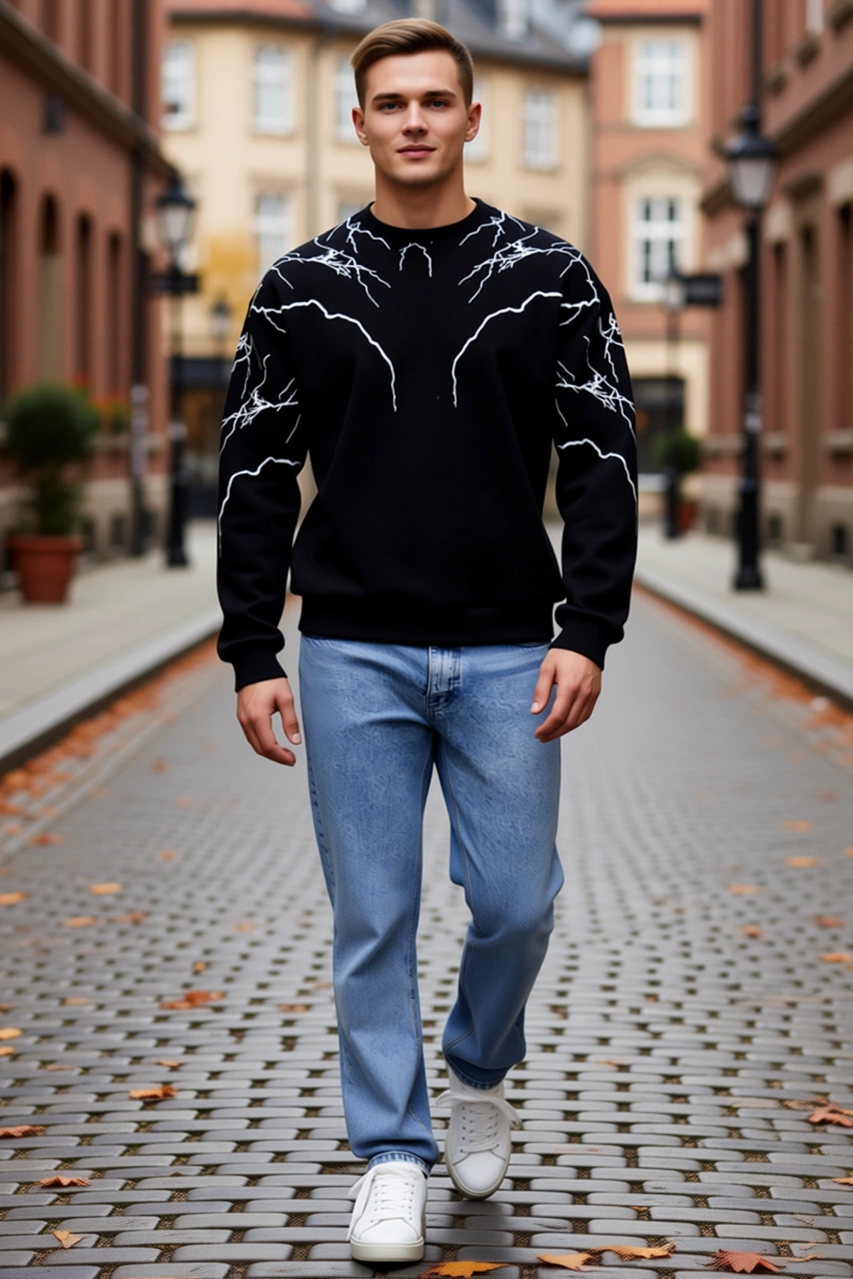 Erkek Bisiklet Yaka Sweatshirt Omuz ve Kollarda Yıldırım Baskılı Oversize Salaş Rahat Günlük Kalıp