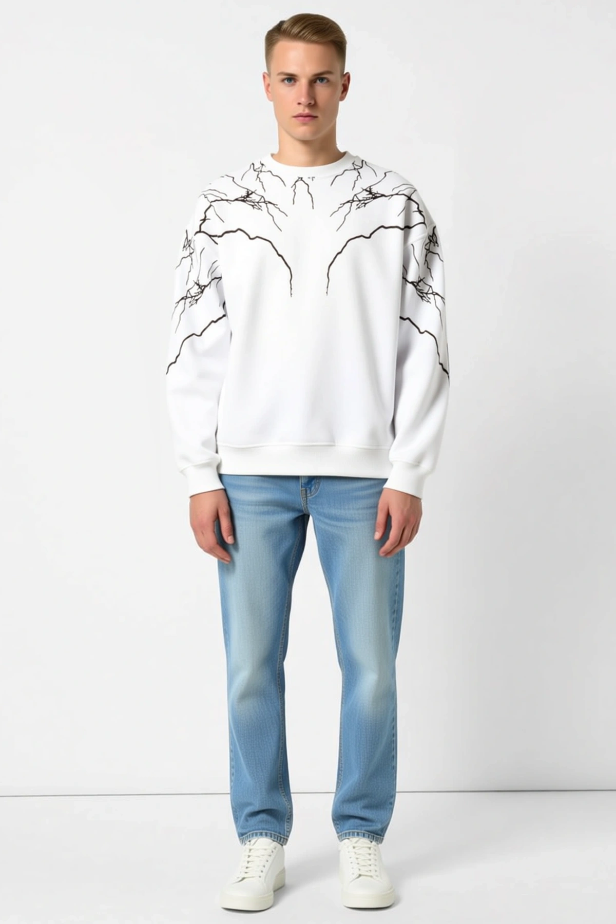 Erkek Bisiklet Yaka Yıldırım Baskılı Uzun Kollu Rahat Kalıp Sweatshirt Ribanalı Manşet Modern Günlük