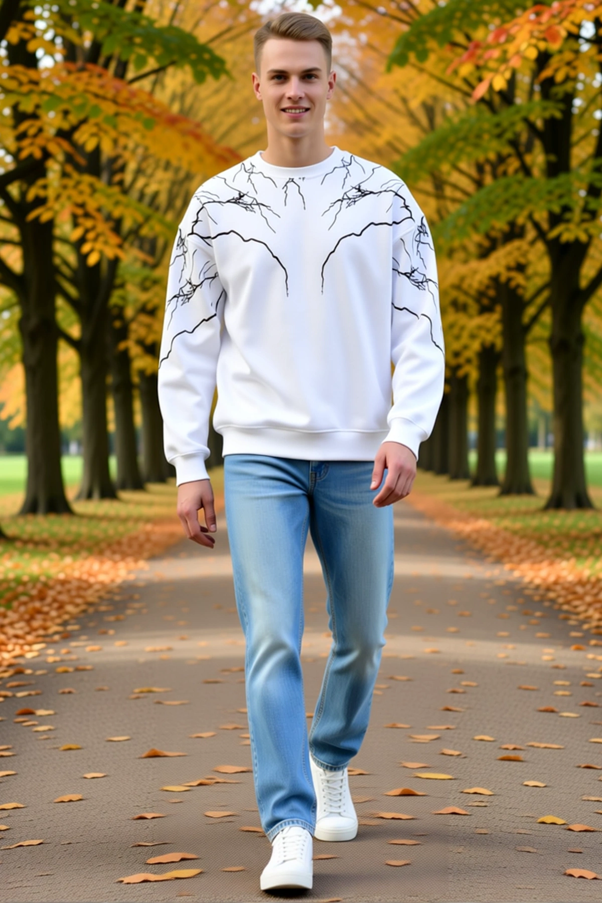 Erkek Bisiklet Yaka Yıldırım Baskılı Uzun Kollu Rahat Kalıp Sweatshirt Ribanalı Manşet Modern Günlük