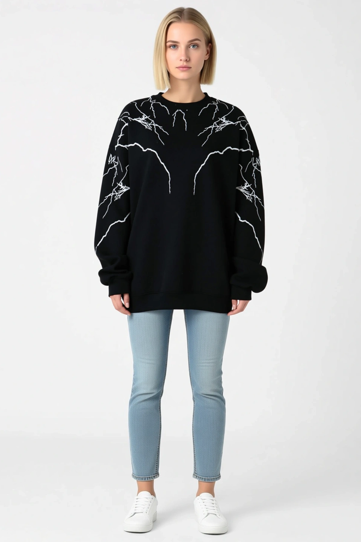 Kadın Bisiklet Yaka Düşük Omuzlu Yıldırım Desenli Oversize Sweatshirt Uzun Kollu Sokak Stili Rahat