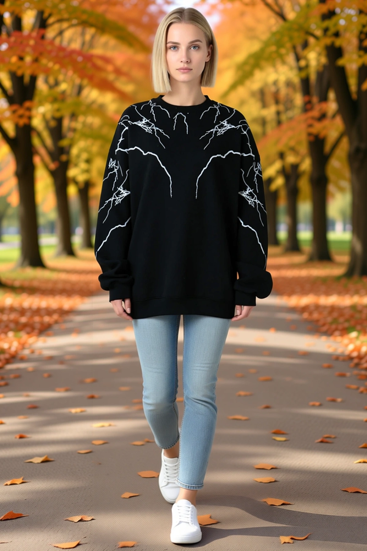 Kadın Bisiklet Yaka Düşük Omuzlu Yıldırım Desenli Oversize Sweatshirt Uzun Kollu Sokak Stili Rahat