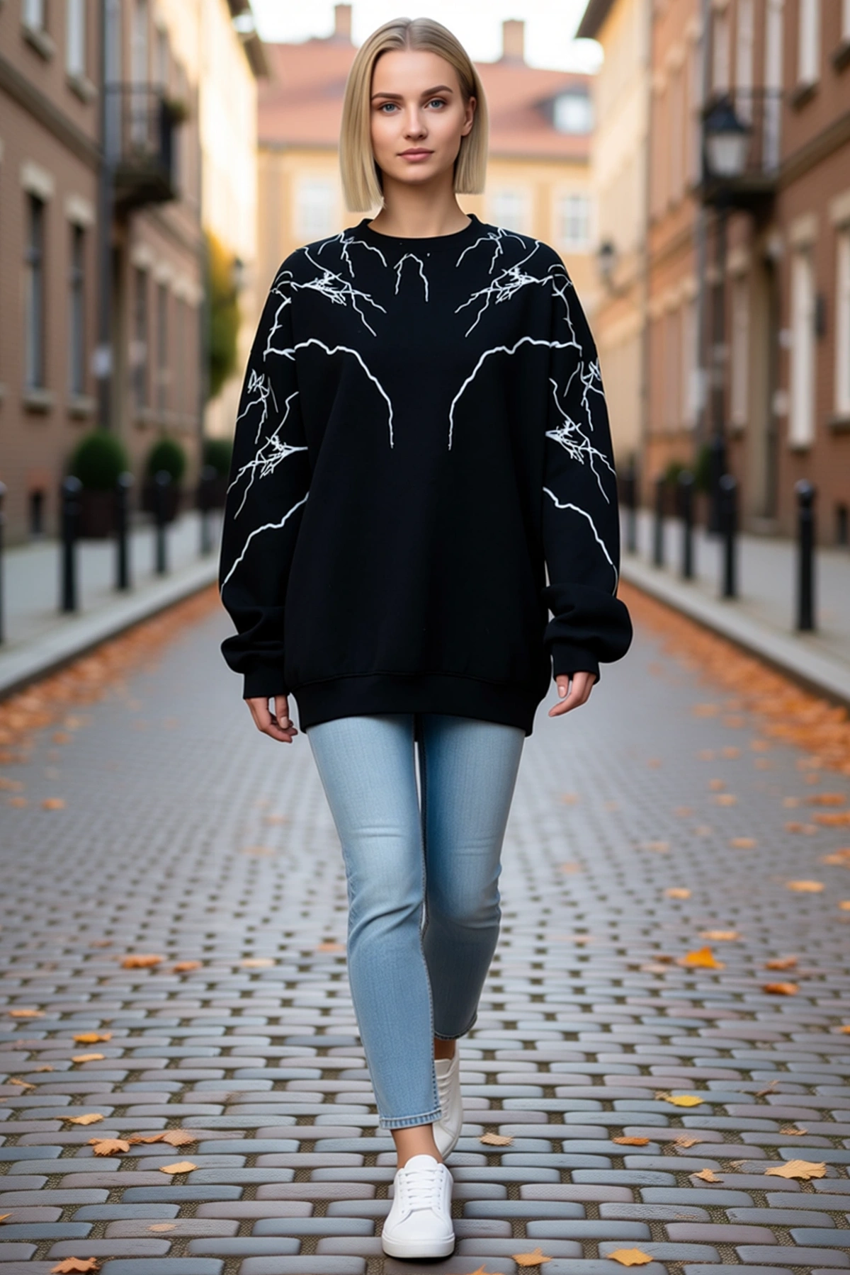 Kadın Bisiklet Yaka Düşük Omuzlu Yıldırım Desenli Oversize Sweatshirt Uzun Kollu Sokak Stili Rahat