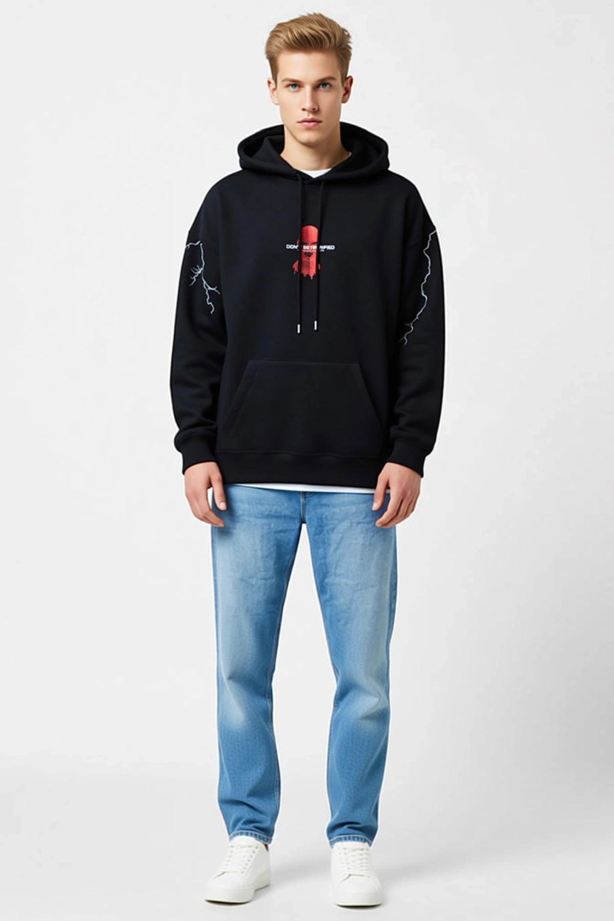 Erkek Üç İplik Kapüşonlu Oversize Sweatshirt Sırt Baskılı Kollarında Yıldırım Detaylı Sokak Stili