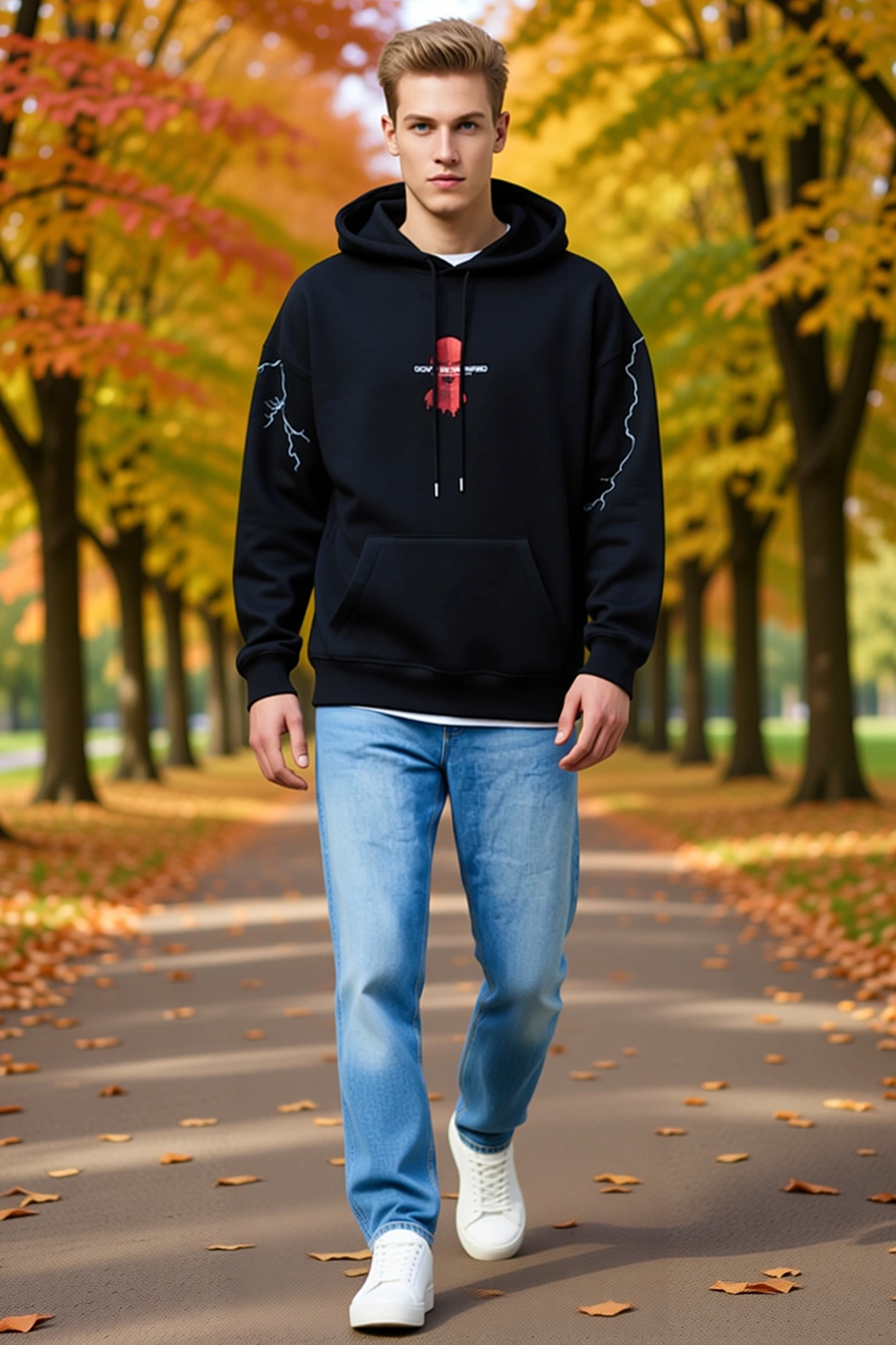 Erkek Üç İplik Kapüşonlu Oversize Sweatshirt Sırt Baskılı Kollarında Yıldırım Detaylı Sokak Stili