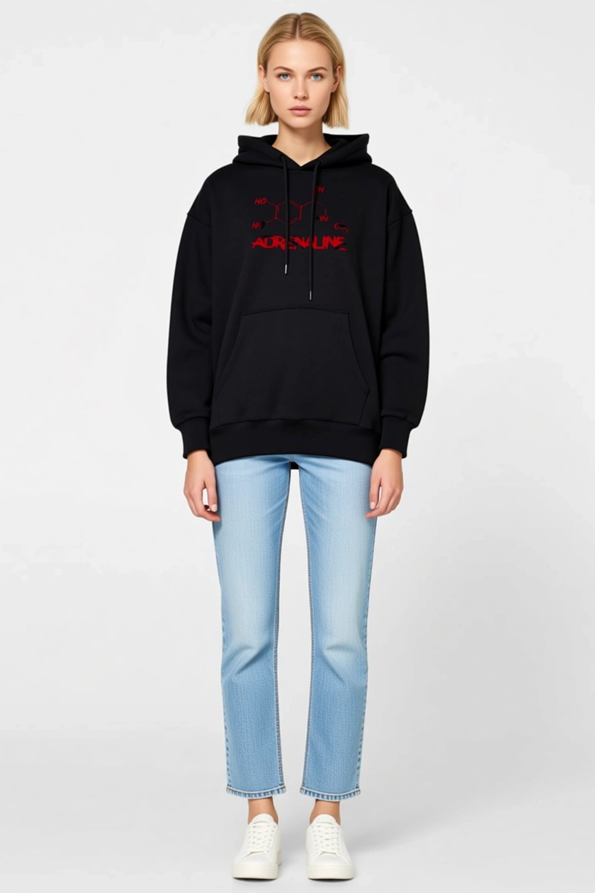 Kadın Kapüşonlu Kışlık Sweatshirt Bağcıklı Moleküler Yazı Baskılı Ribanalı Kanguru Cepli Günlük