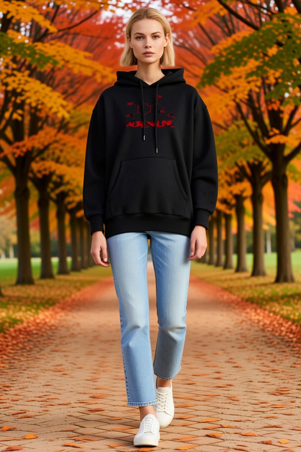 Kadın Kapüşonlu Kışlık Sweatshirt Bağcıklı Moleküler Yazı Baskılı Ribanalı Kanguru Cepli Günlük