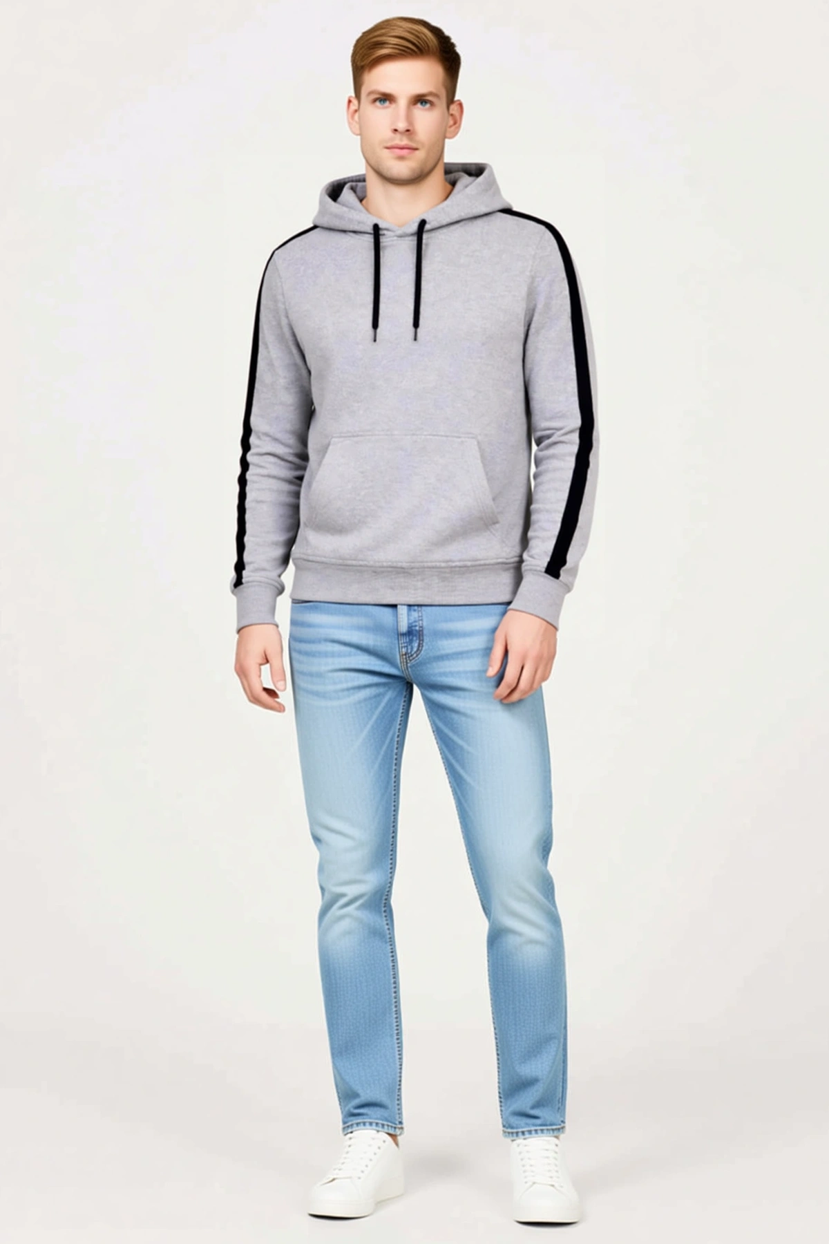 Erkek Şeritli Kapüşonlu Oversize Üç İplik Pamuklu Sweatshirt Kollarda Şerit Detaylı Kanguru Cepli