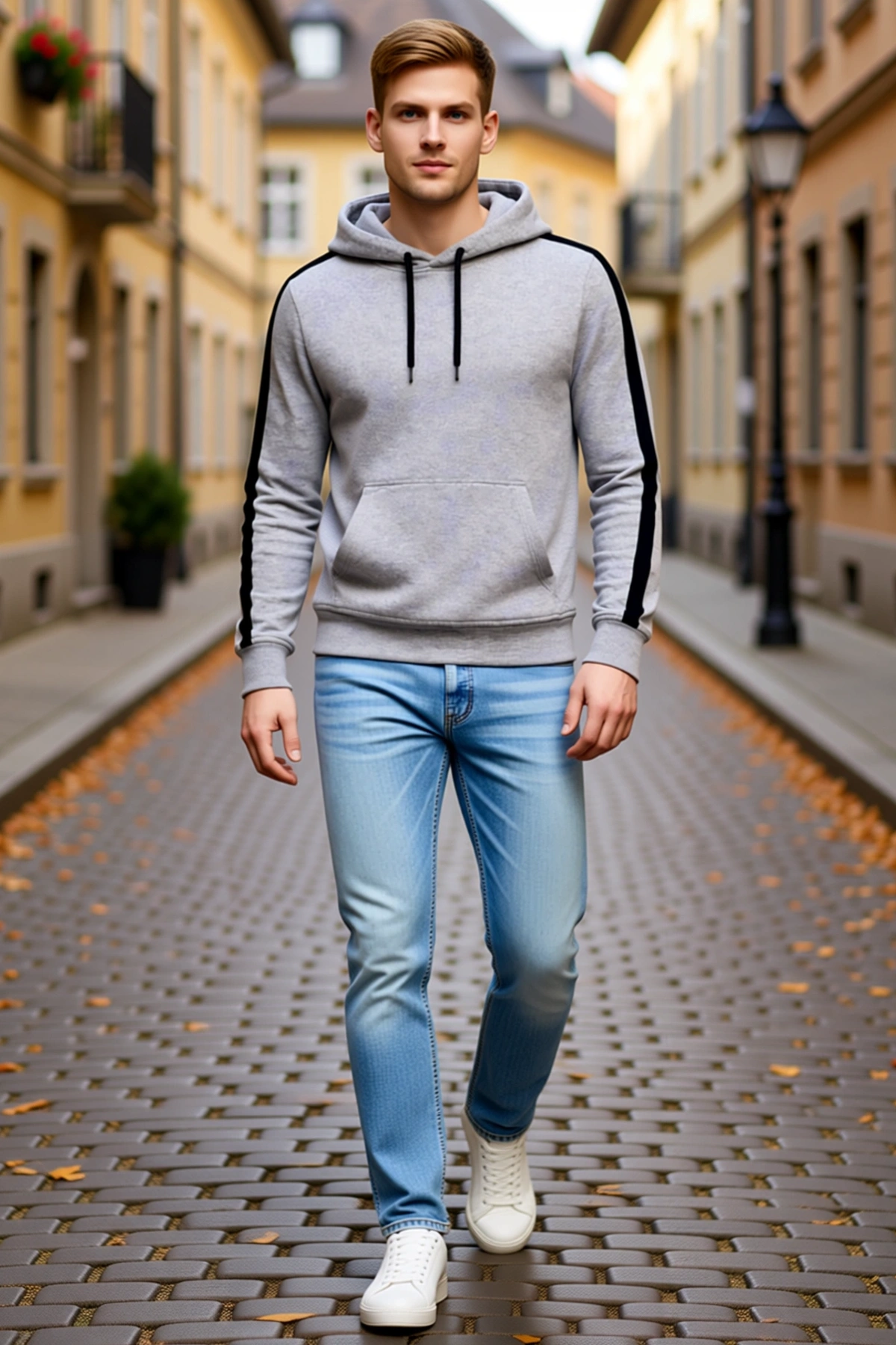 Erkek Şeritli Kapüşonlu Oversize Üç İplik Pamuklu Sweatshirt Kollarda Şerit Detaylı Kanguru Cepli