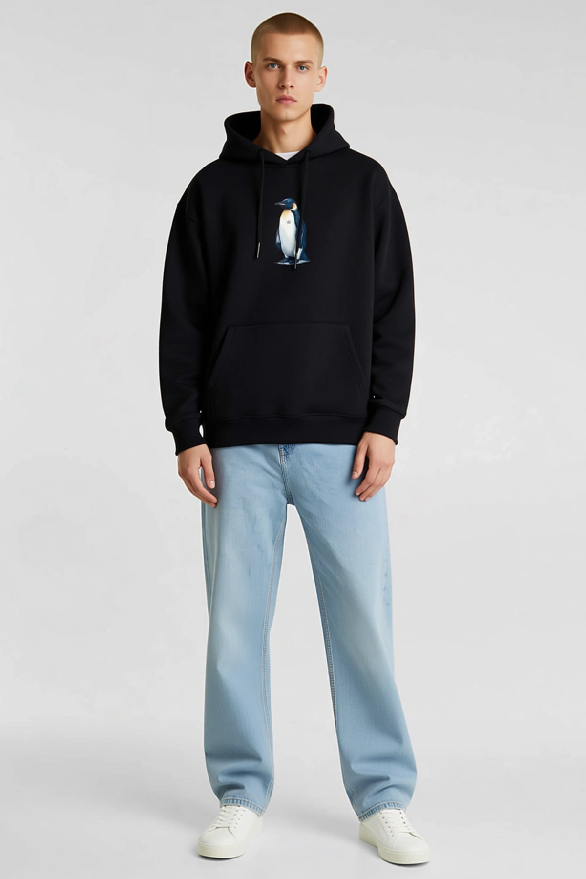 Erkek Oversize Hoodie Penguen Temalı Felsefi Yazılı Sırt Baskılı Kapüşonlu Bol Kesim Sweatshirt