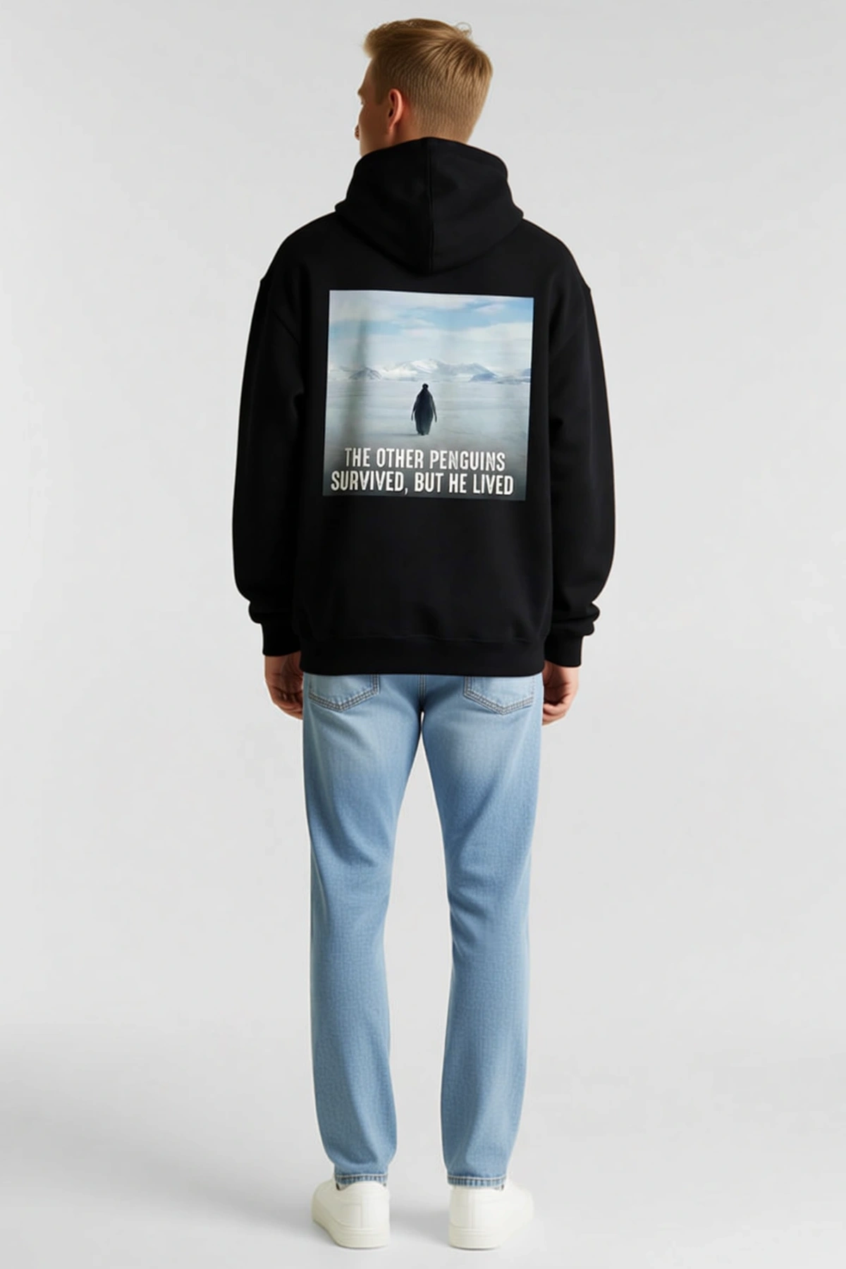 Erkek Oversize Hoodie Penguen Temalı Felsefi Yazılı Sırt Baskılı Kapüşonlu Bol Kesim Sweatshirt