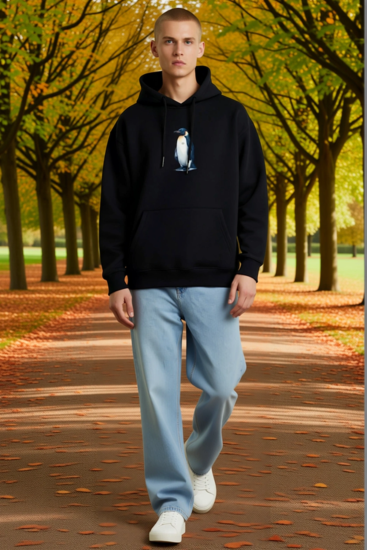 Erkek Oversize Hoodie Penguen Temalı Felsefi Yazılı Sırt Baskılı Kapüşonlu Bol Kesim Sweatshirt
