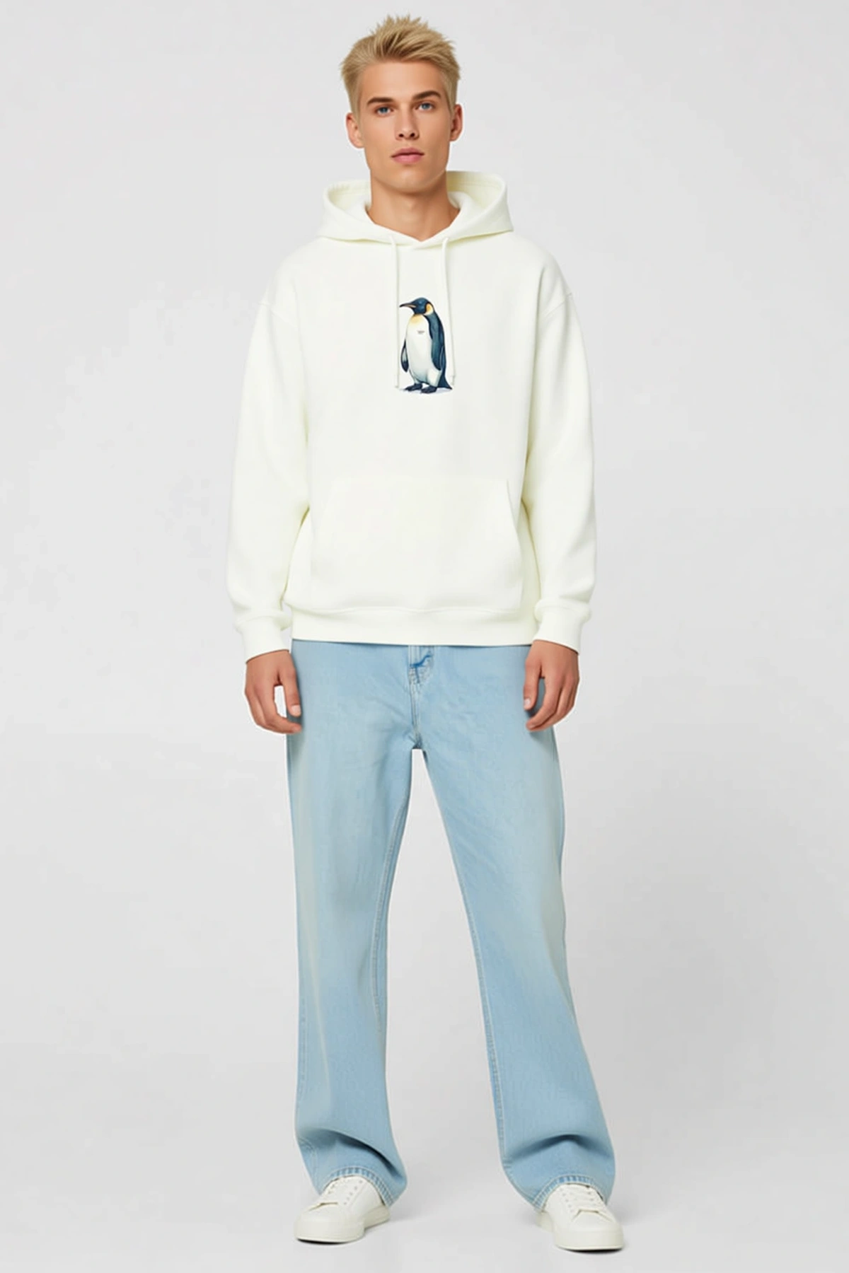 Erkek Oversize Hoodie Penguen Temalı Felsefi Yazılı Sırt Baskılı Kapüşonlu Bol Kesim Sweatshirt