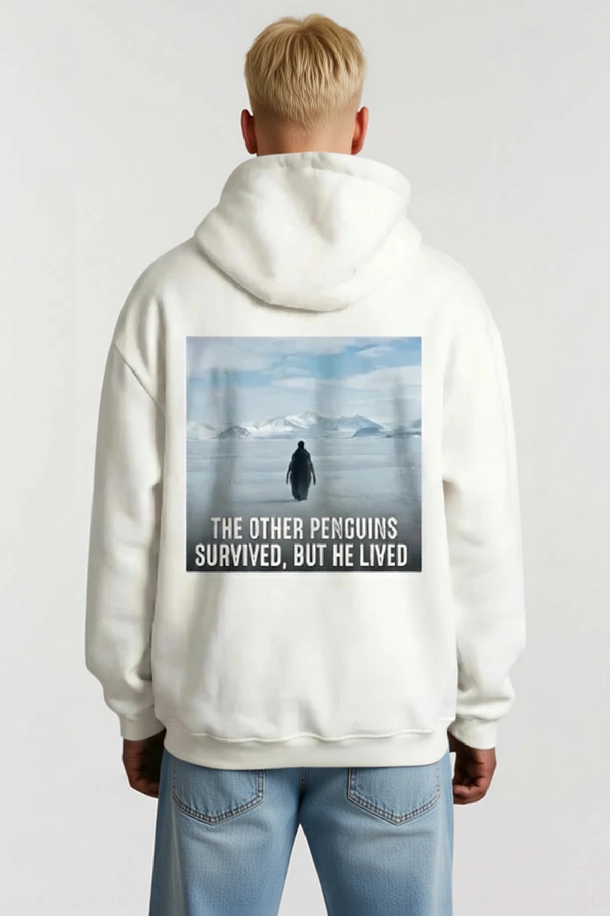 Erkek Oversize Hoodie Penguen Temalı Felsefi Yazılı Sırt Baskılı Kapüşonlu Bol Kesim Sweatshirt