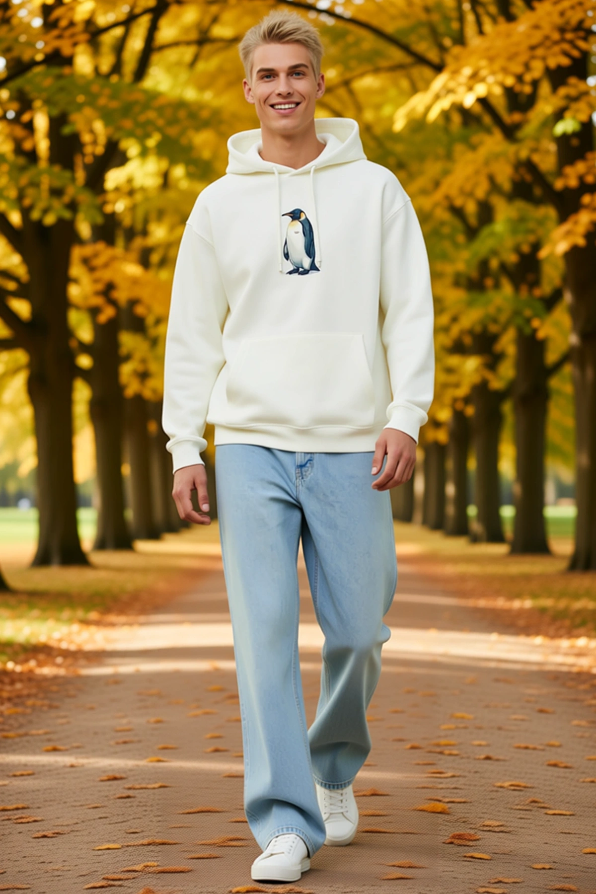 Erkek Oversize Hoodie Penguen Temalı Felsefi Yazılı Sırt Baskılı Kapüşonlu Bol Kesim Sweatshirt