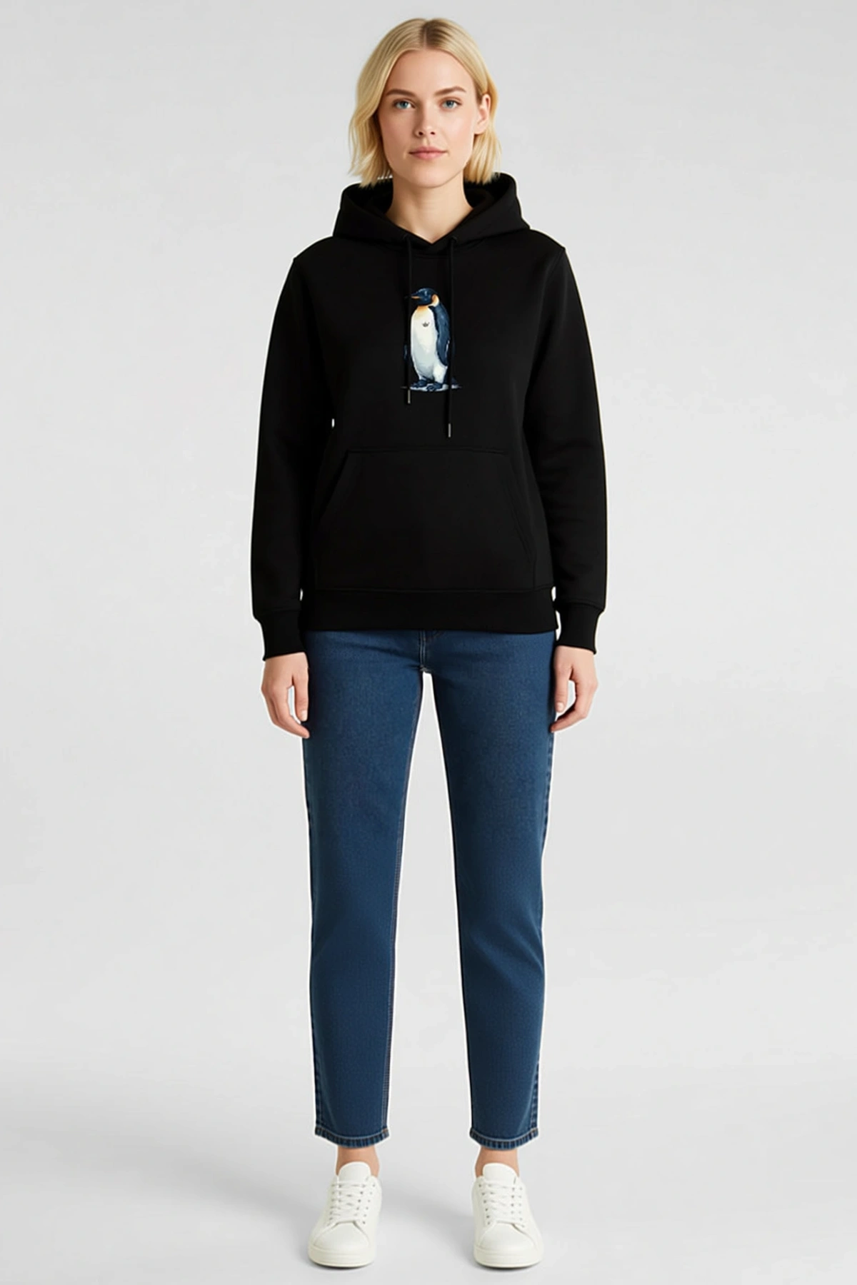Oversize Hoodie Fotoğraf Baskılı Penguen Temalı Felsefi Yazılı Kapüşonlu Sweatshirt Rahat Kalıp