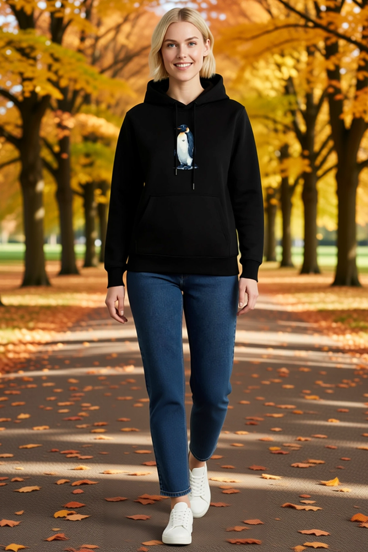 Oversize Hoodie Fotoğraf Baskılı Penguen Temalı Felsefi Yazılı Kapüşonlu Sweatshirt Rahat Kalıp