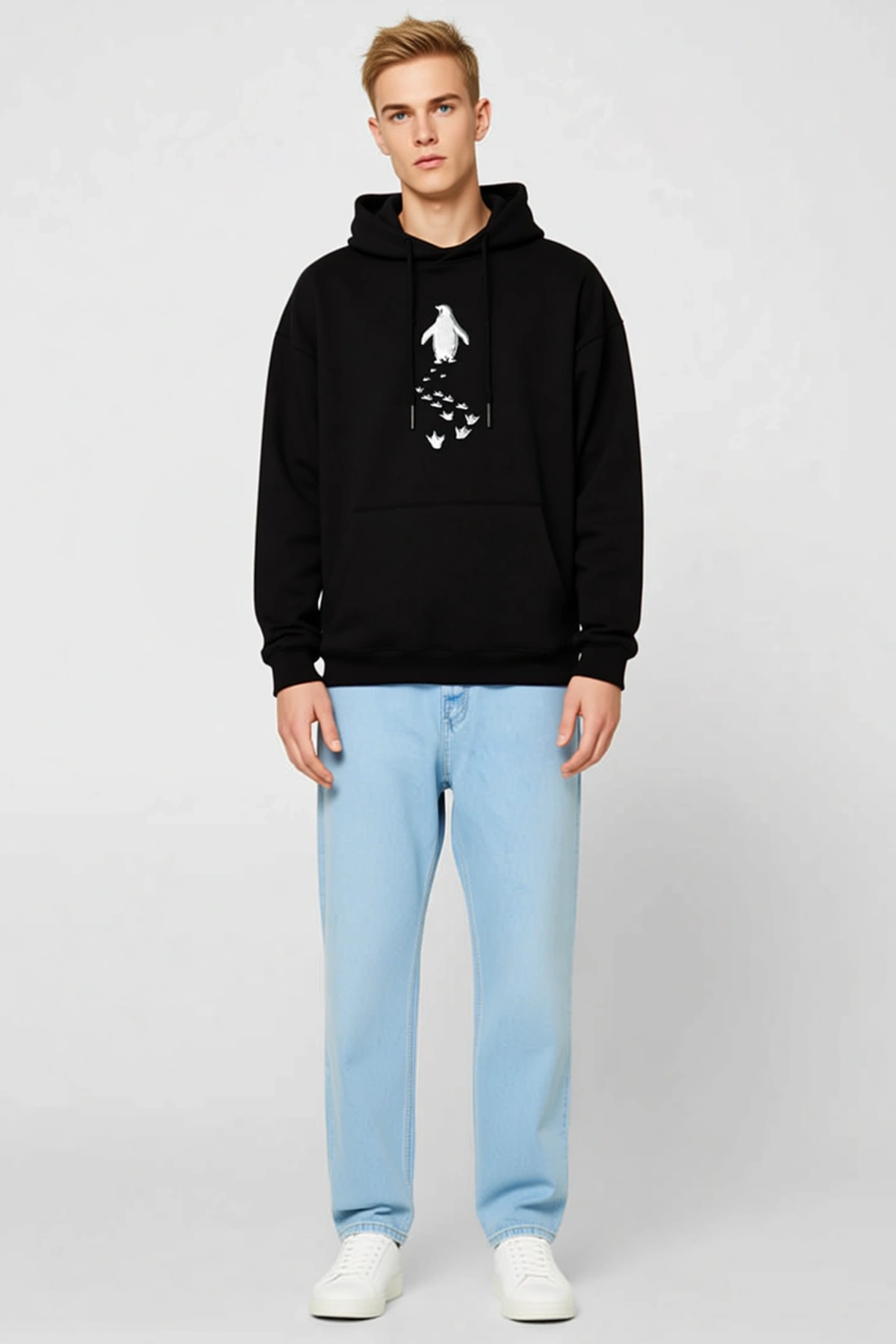 Erkek Nihilist Penguen Temalı Oversize Kapüşonlu Sweatshirt Sırt Dağ Baskılı Felsefi Yazılı Rahat