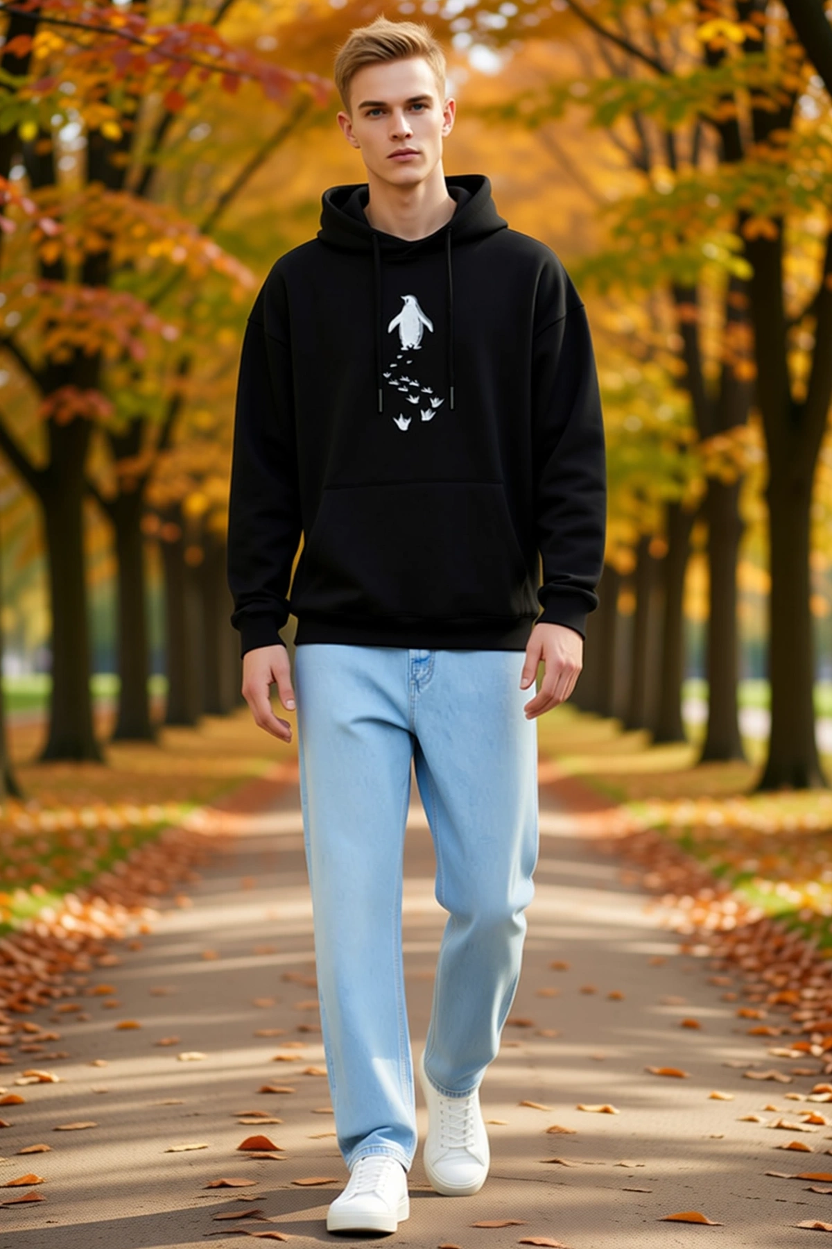 Erkek Nihilist Penguen Temalı Oversize Kapüşonlu Sweatshirt Sırt Dağ Baskılı Felsefi Yazılı Rahat