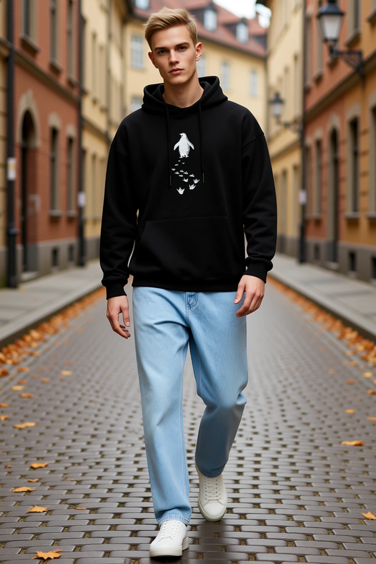 Erkek Nihilist Penguen Temalı Oversize Kapüşonlu Sweatshirt Sırt Dağ Baskılı Felsefi Yazılı Rahat