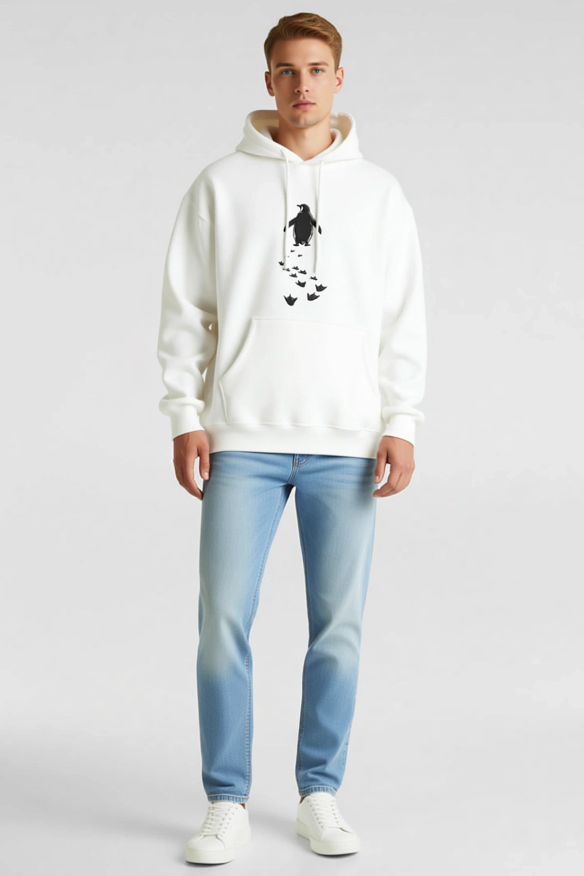 Erkek Nihilist Penguen Temalı Oversize Kapüşonlu Sweatshirt Ön Baskılı Kanguru Cepli Bağcıklı Günlük