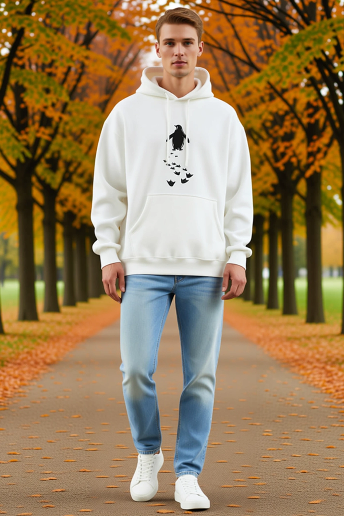 Erkek Nihilist Penguen Temalı Oversize Kapüşonlu Sweatshirt Ön Baskılı Kanguru Cepli Bağcıklı Günlük