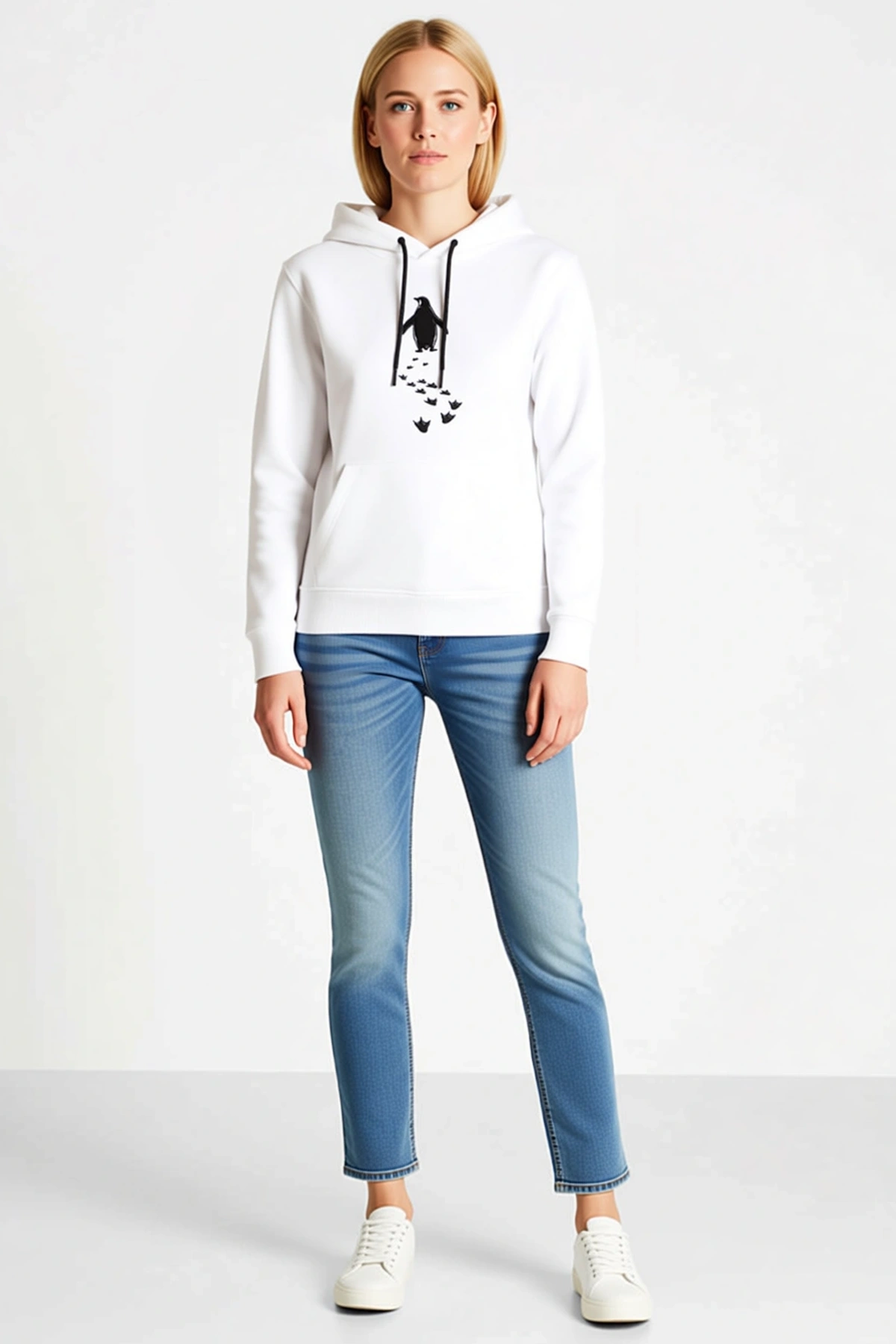 Kadın Nihilist Penguen Temalı Oversize Kapüşonlu Sweatshirt Sırt Dağ Baskılı Felsefi Yazılı Rahat