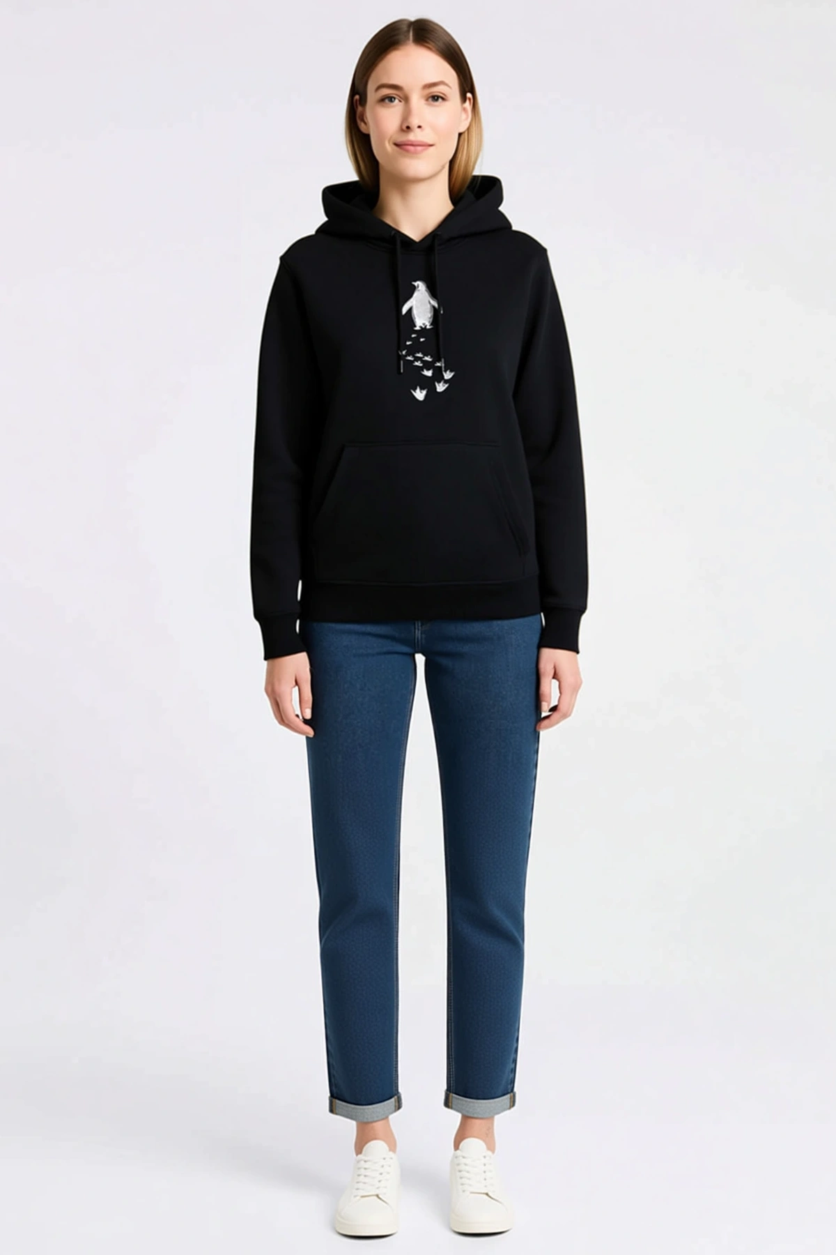 Kadın Nihilist Penguen Temalı Oversize Kapüşonlu Sweatshirt Ön Baskılı Kanguru Cepli Bağcıklı Rahat