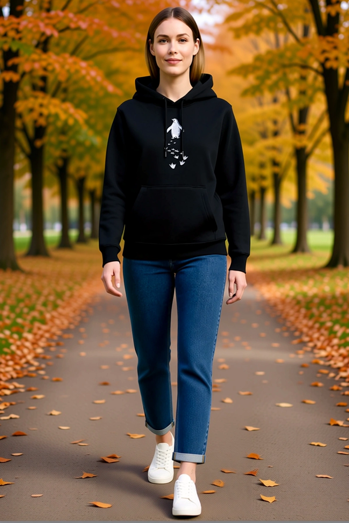 Kadın Nihilist Penguen Temalı Oversize Kapüşonlu Sweatshirt Ön Baskılı Kanguru Cepli Bağcıklı Rahat