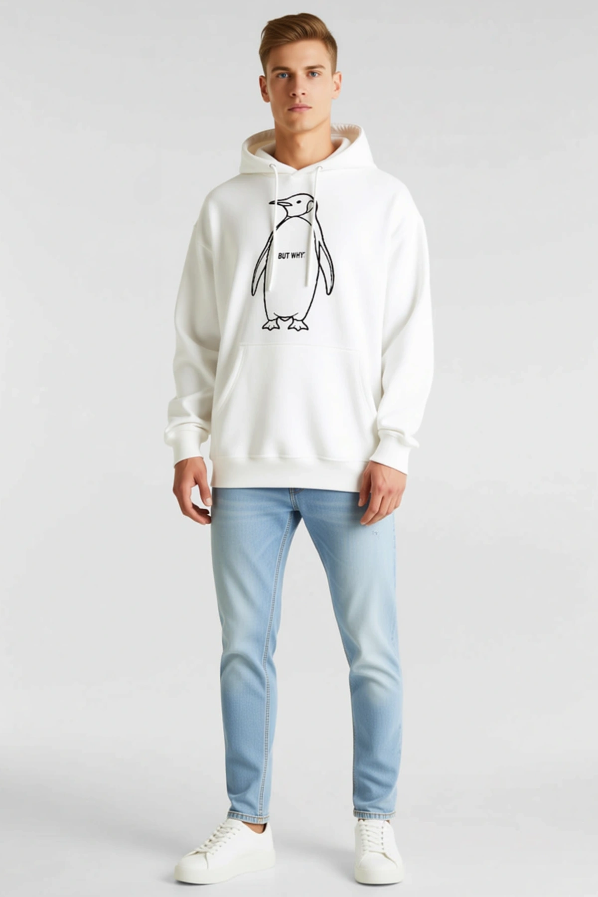 Erkek Penguen Baskılı Kapüşonlu Sweatshirt Önü Kanguru Cepli Oversize Kesim Bağcıklı Günlük Model