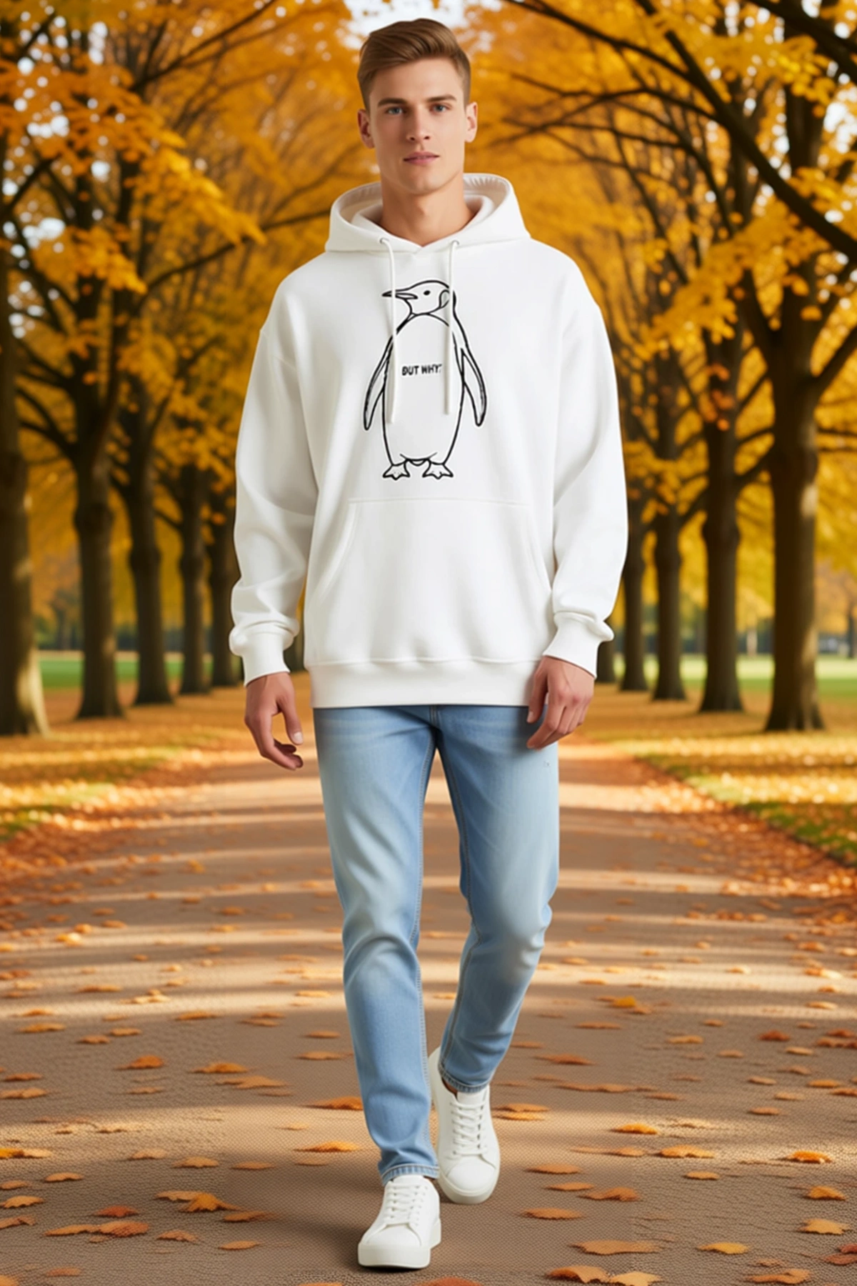 Erkek Penguen Baskılı Kapüşonlu Sweatshirt Önü Kanguru Cepli Oversize Kesim Bağcıklı Günlük Model