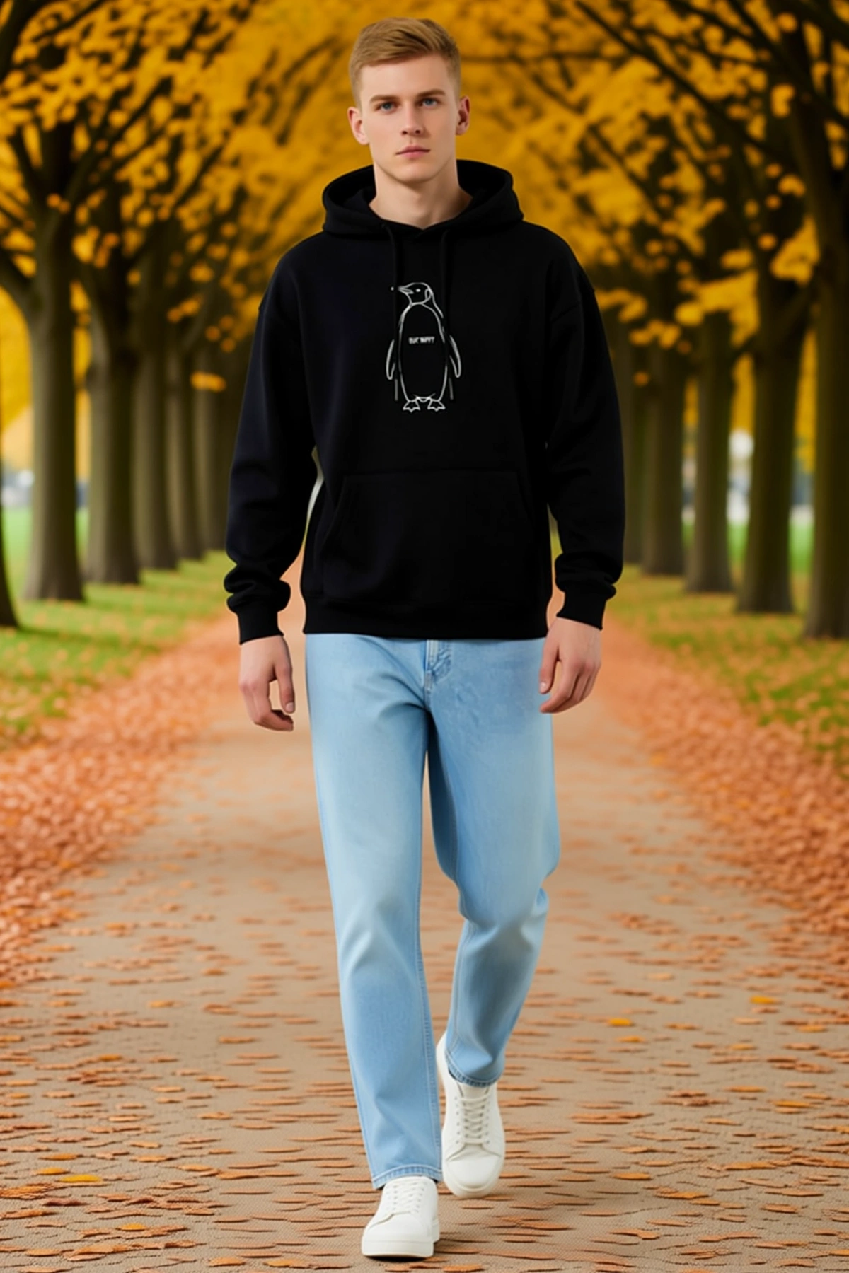 Erkek Sırt Baskılı Dağ Silüeti Desenli Kapüşonlu Sweatshirt Oversize Kalıp Rahat Günlük Kullanım