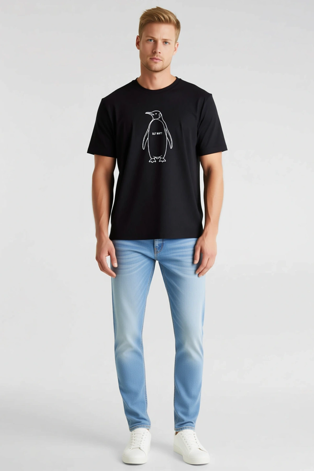 Erkek Bisiklet Yaka Penguen Baskılı Kısa Kollu Tişört Oversize Rahat Kalıp Günlük Kullanım Modeli