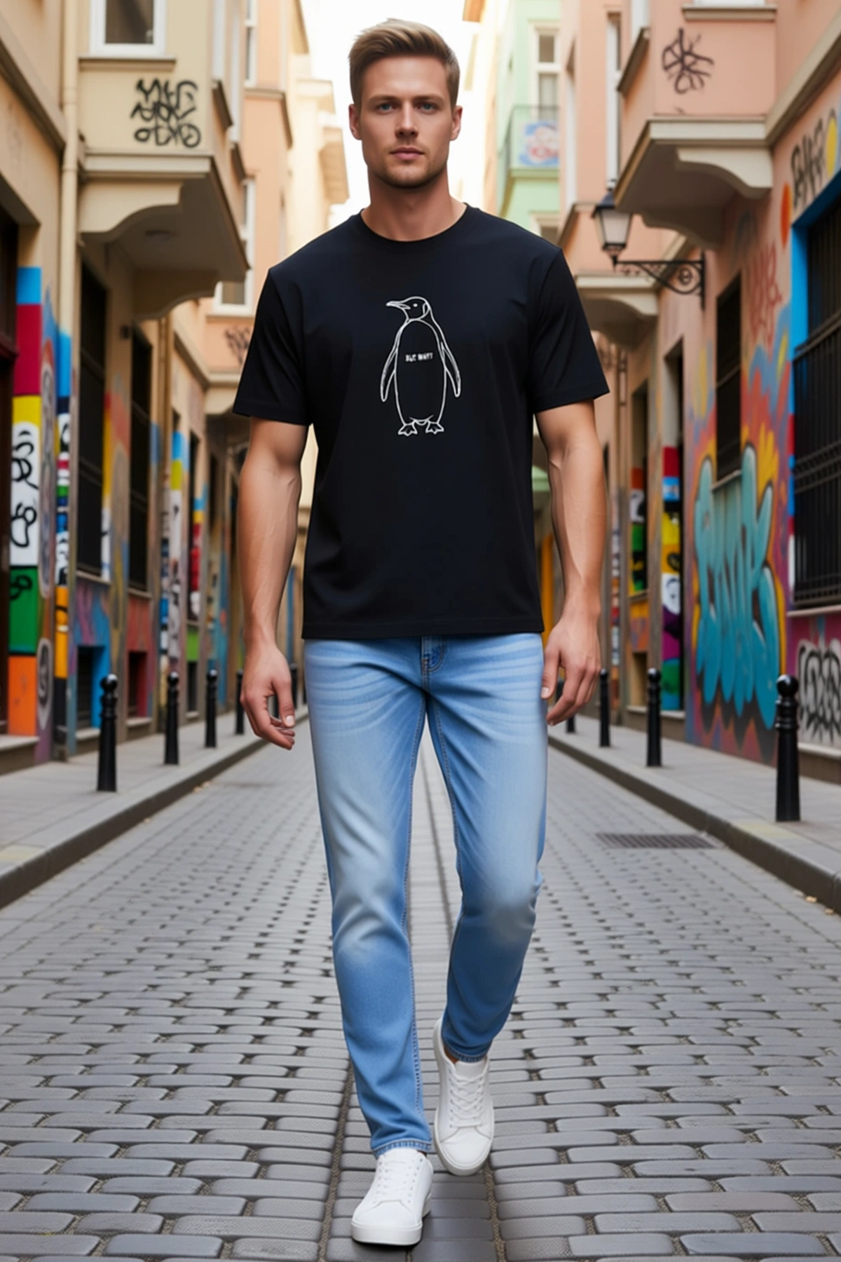 Erkek Bisiklet Yaka Penguen Baskılı Kısa Kollu Tişört Oversize Rahat Kalıp Günlük Kullanım Modeli
