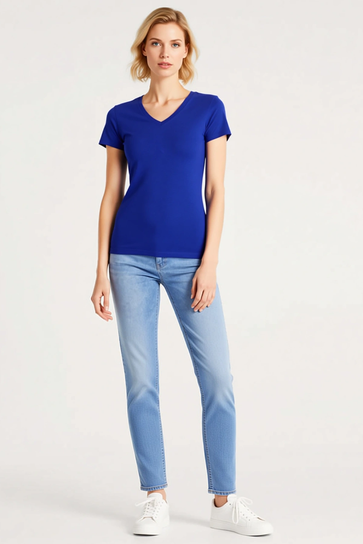 V Yaka Slim Fit Likralı Kadın Tişört Günlük Basic Body Kesim Kısa Kollu Esnek Yapılı Kullanım