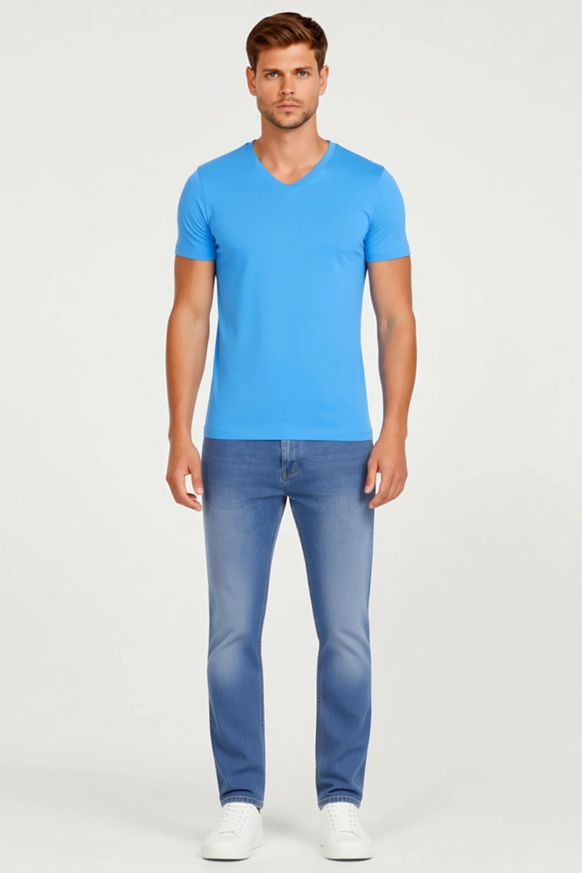 Erkek Tişört V Yaka Slim Fit Dar Kesim Likralı Basic Body Kısa Kollu Günlük Rahat Kullanım Kalıbı