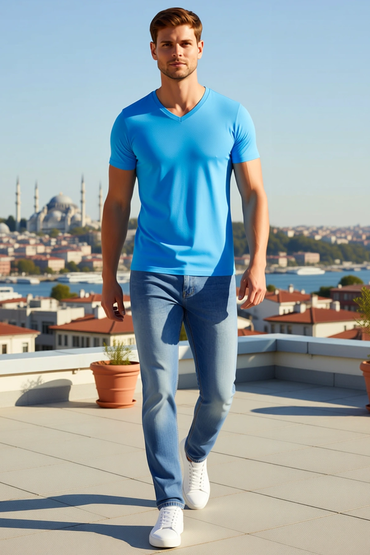 Erkek Tişört V Yaka Slim Fit Dar Kesim Likralı Basic Body Kısa Kollu Günlük Rahat Kullanım Kalıbı