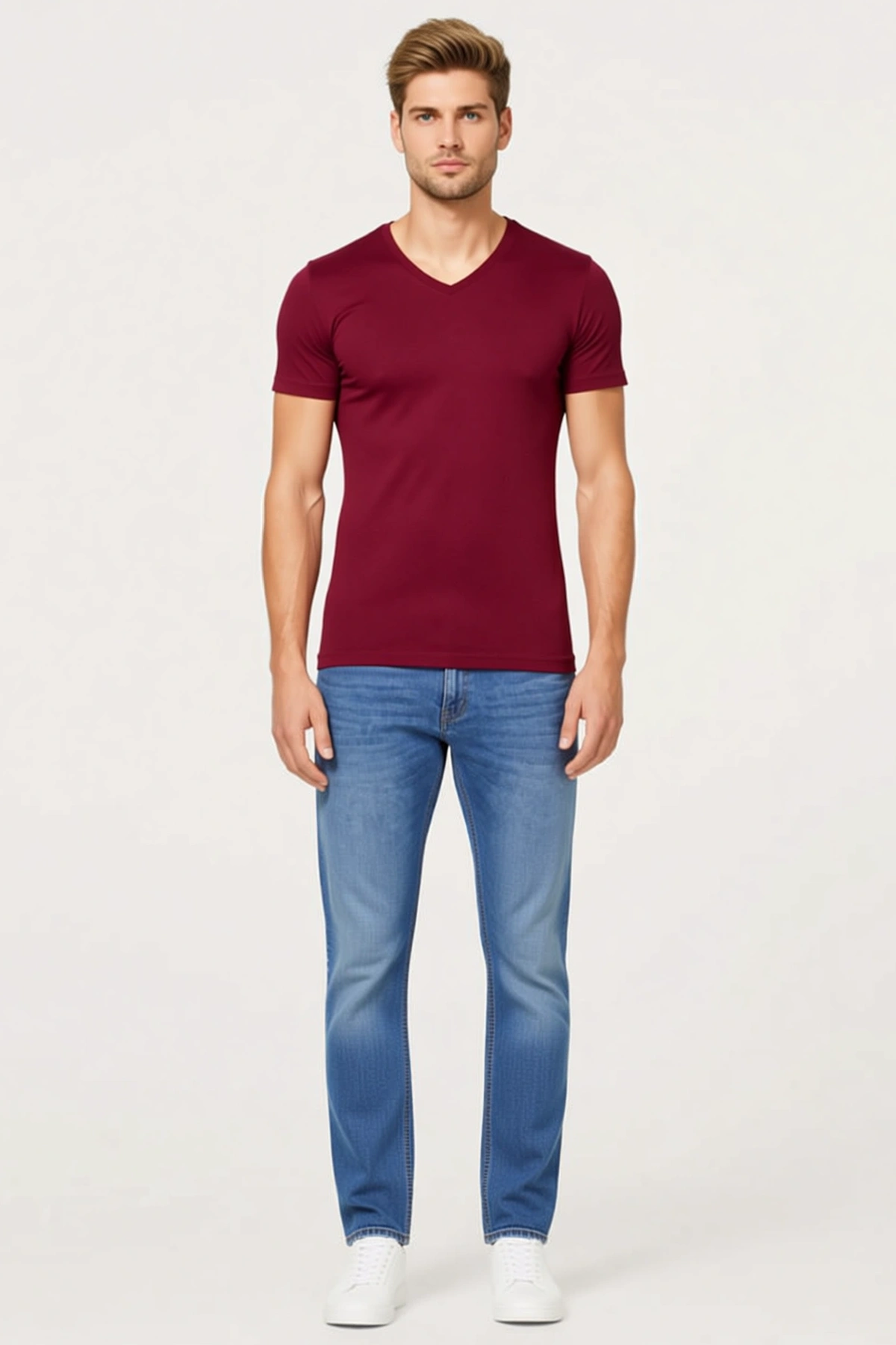 Erkek Tişört V Yaka Slim Fit Dar Kesim Likralı Basic Body Günlük Kısa Kollu Gardırop Temel Parçası