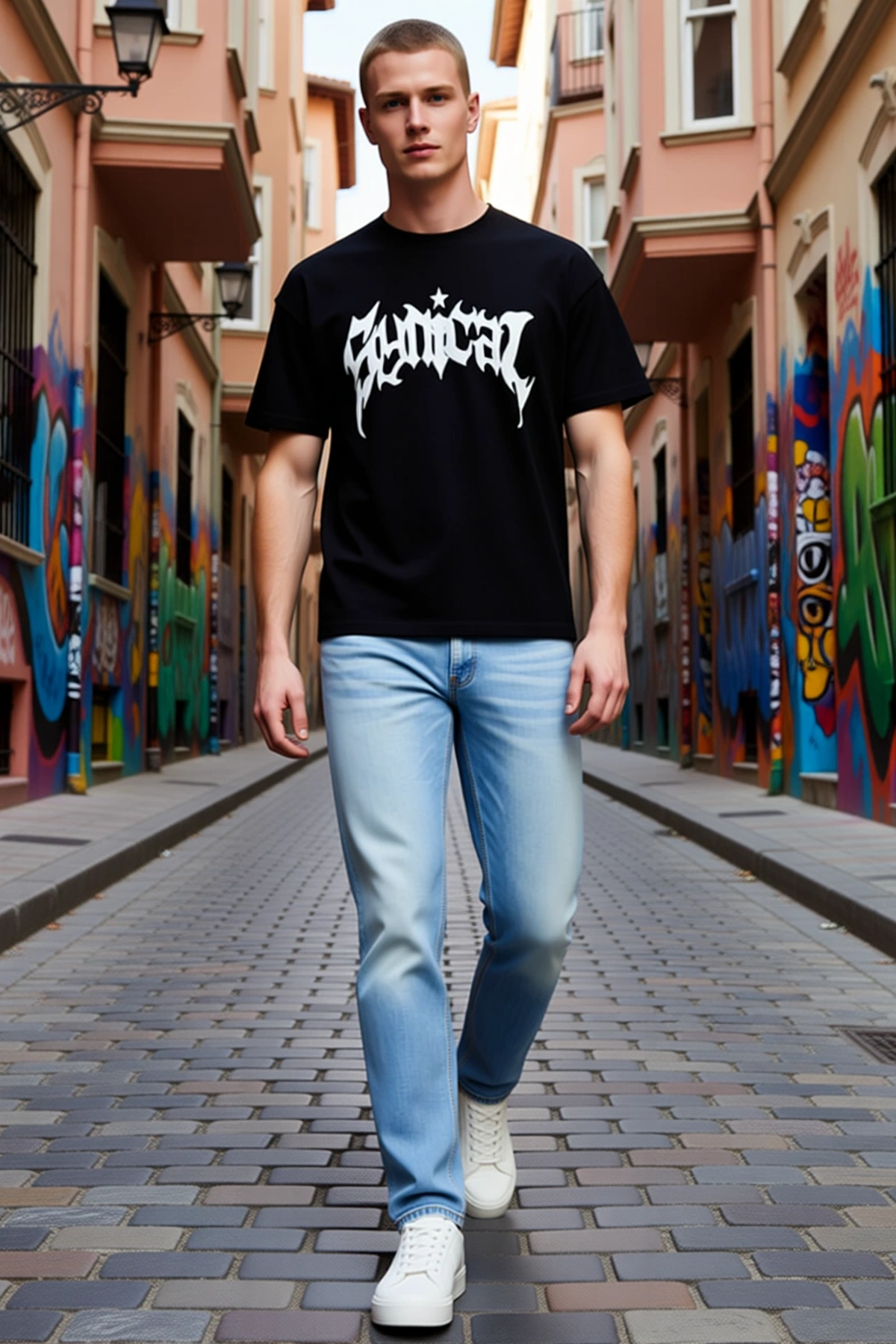 Erkek Streetwear Ön Baskılı Tişört Bisiklet Yaka Kısa Kollu Basic Pamuklu Rahat Kesim Günlük Giyim