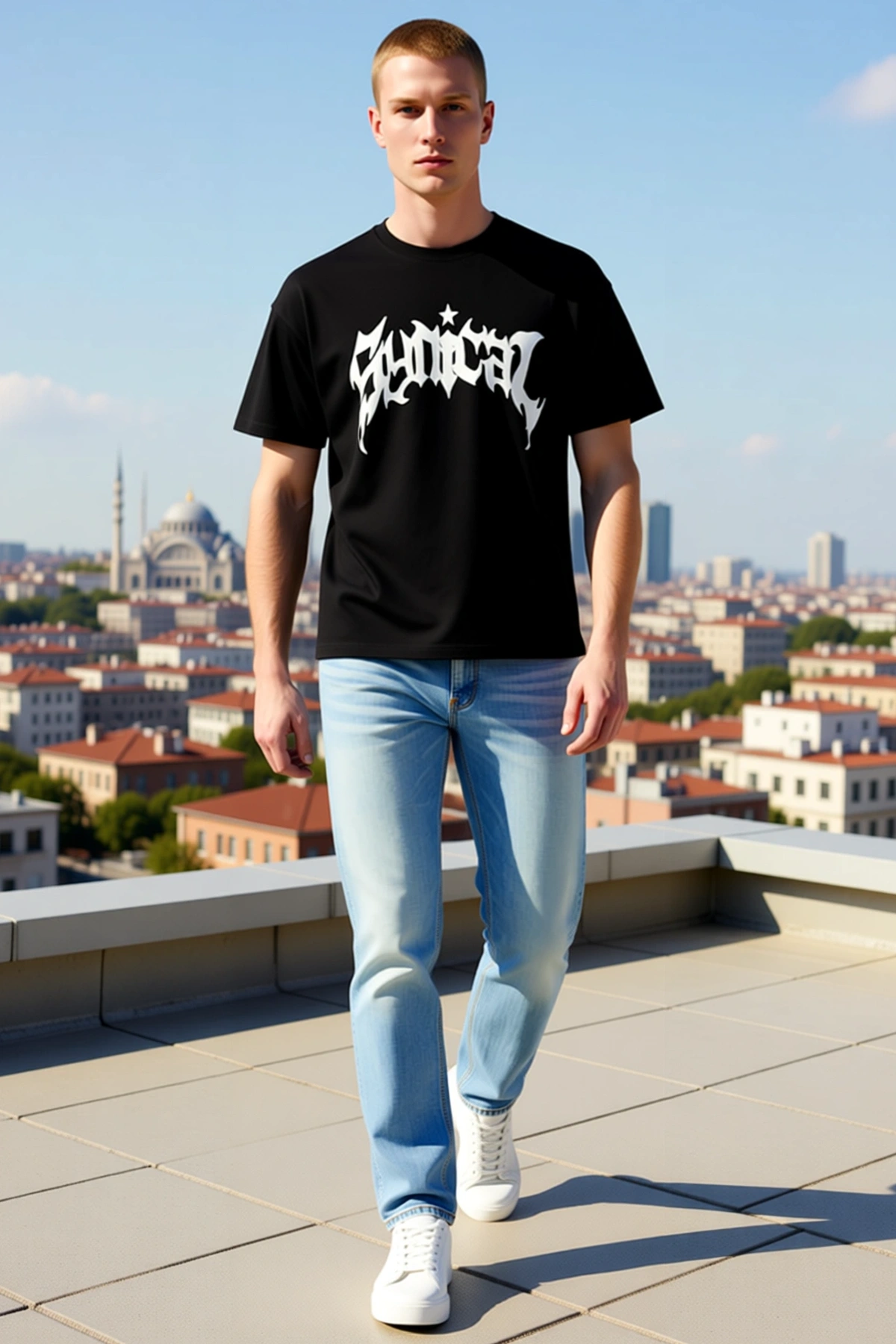 Erkek Streetwear Ön Baskılı Tişört Bisiklet Yaka Kısa Kollu Basic Pamuklu Rahat Kesim Günlük Giyim