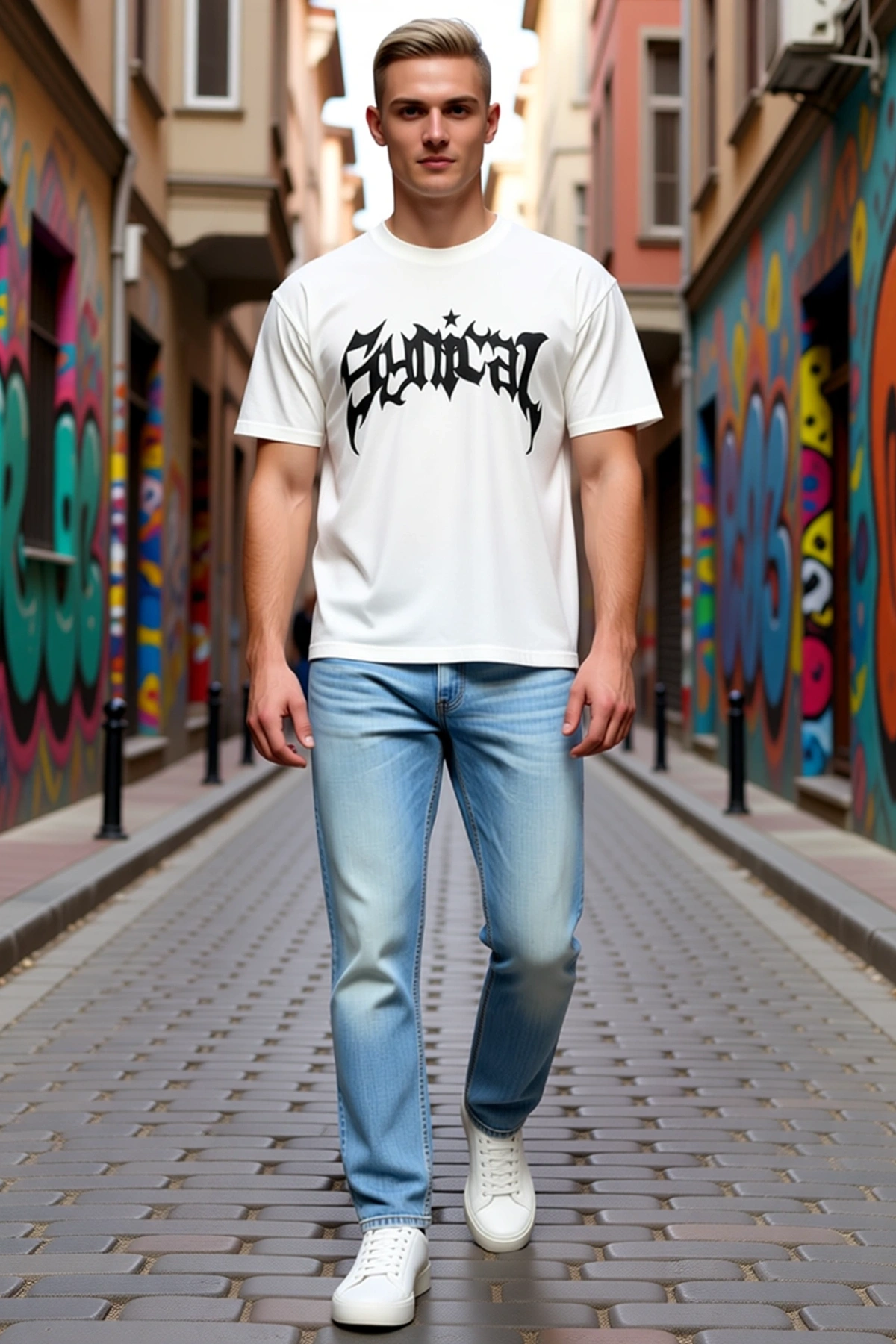 Erkek Ön Baskılı Salaş Kalıp Bisiklet Yaka Kısa Kollu Streetwear Tişört Basic Pamuklu Günlük Giyim