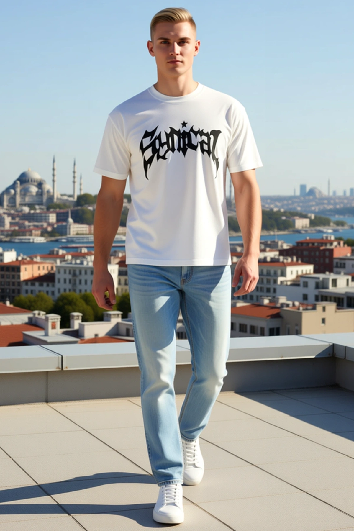 Erkek Ön Baskılı Salaş Kalıp Bisiklet Yaka Kısa Kollu Streetwear Tişört Basic Pamuklu Günlük Giyim