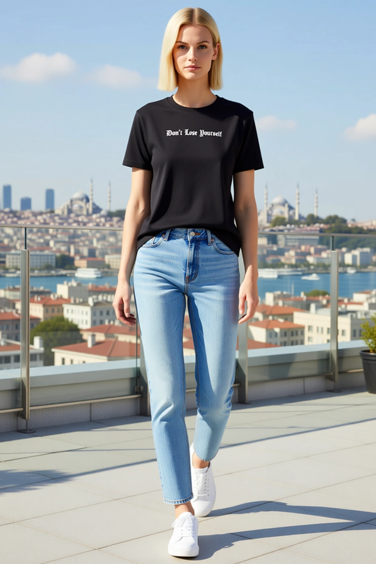 Kadın Waffle Dokulu Regular Kalıp Bisiklet Yaka Kısa Kollu Gotik Yazı Baskılı Günlük Basic Tişört