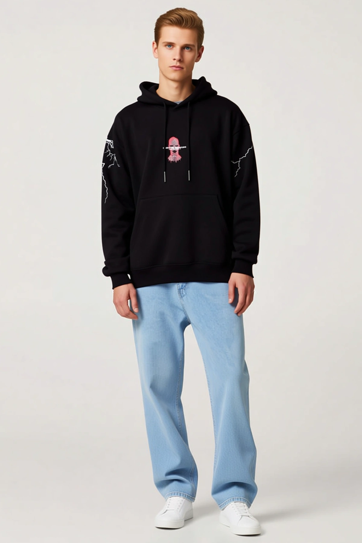 Erkek Oversize Üç İplik Kapüşonlu Sweatshirt Ön Sırt Kol Baskılı Kanguru Cepli Ribanalı Rahat Model