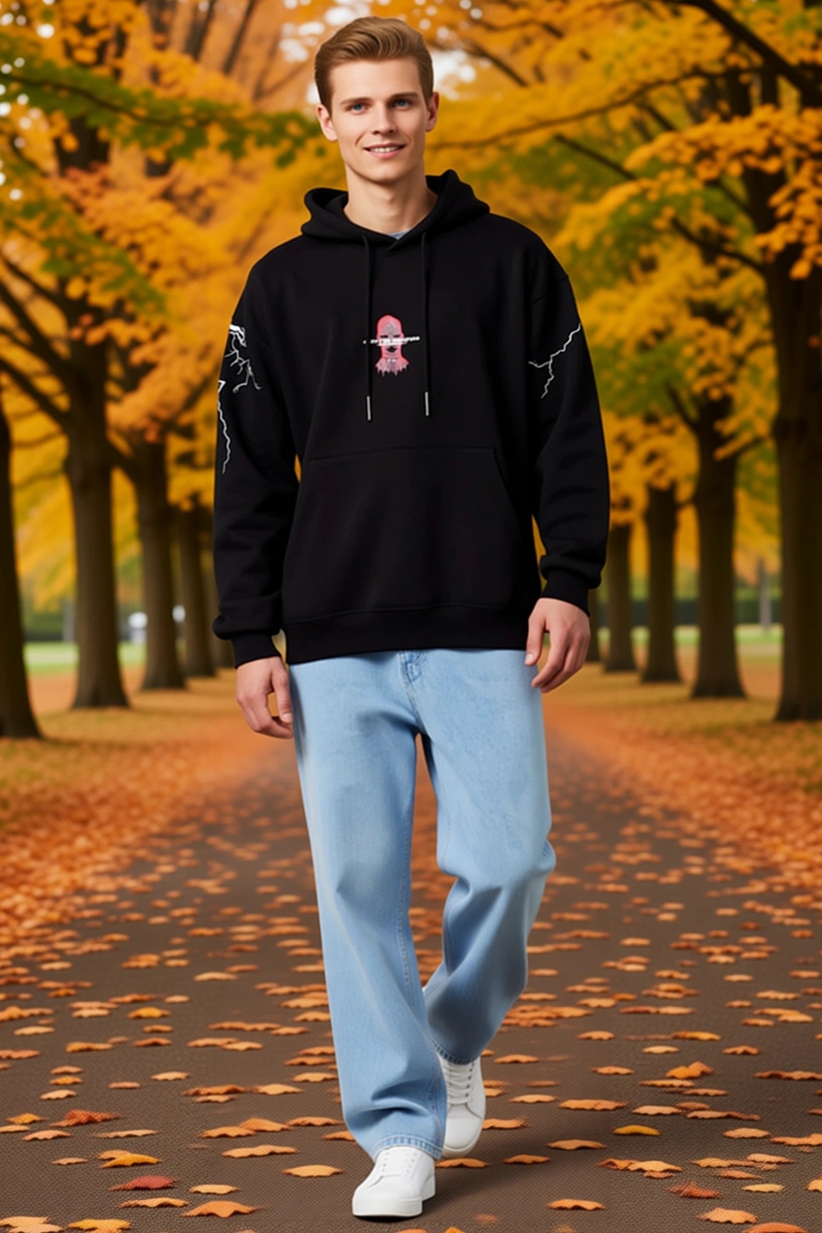 Erkek Oversize Üç İplik Kapüşonlu Sweatshirt Ön Sırt Kol Baskılı Kanguru Cepli Ribanalı Rahat Model