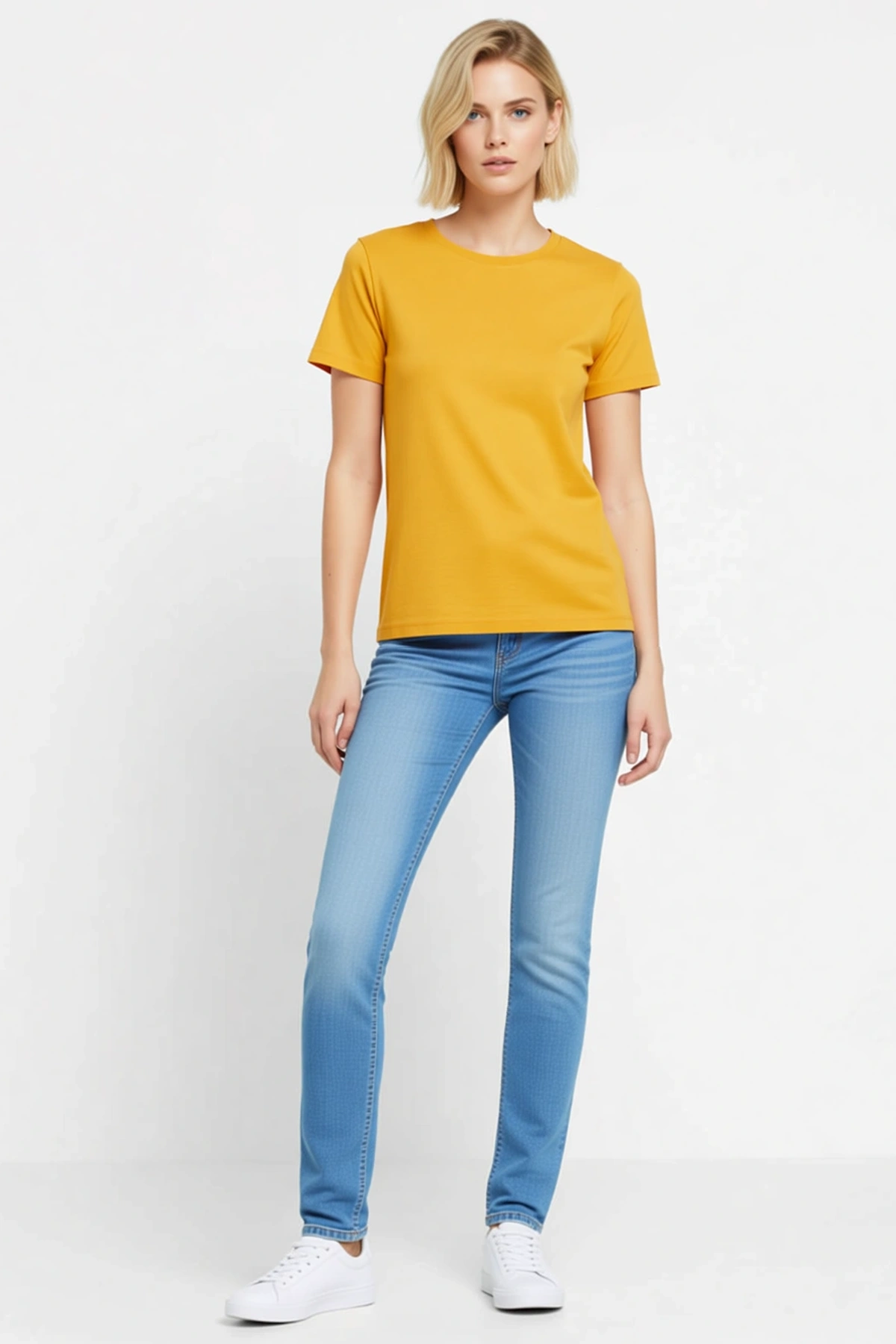 Kadın Tişört Bisiklet Yaka Kısa Kollu Likralı Slim Fit Günlük Body Kesim Düz Tasarım Basic