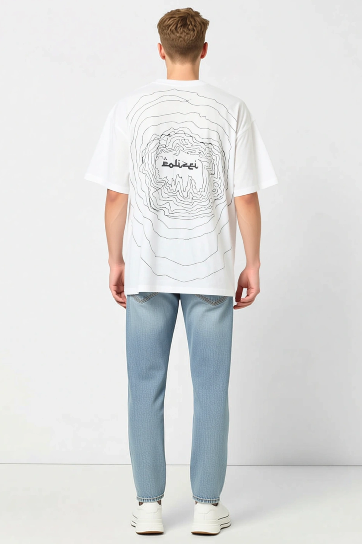 Erkek Oversize Bisiklet Yaka Sırt Baskılı Dalga Desenli Kısa Kollu Pamuklu Tişört Streetwear Rahat