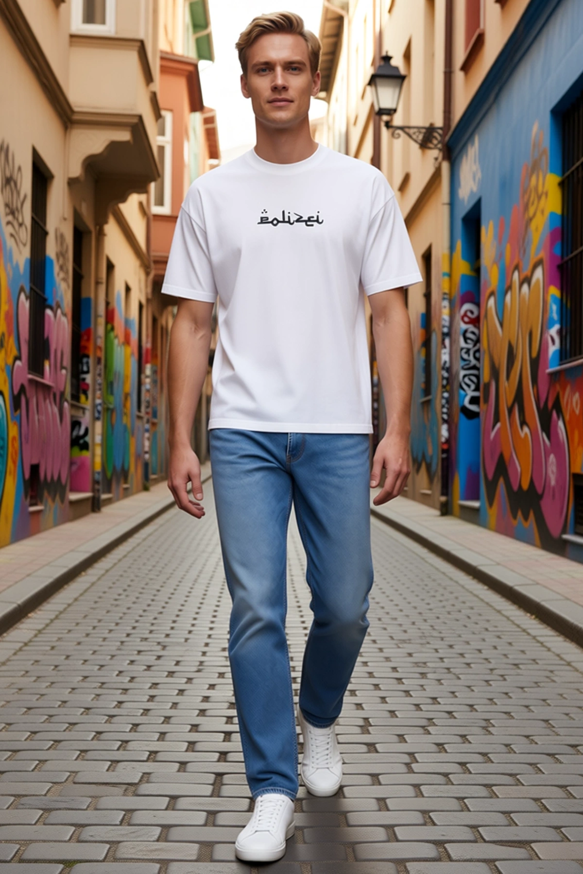 Erkek Oversize Bisiklet Yaka Sırt Baskılı Dalga Desenli Kısa Kollu Pamuklu Tişört Streetwear Rahat