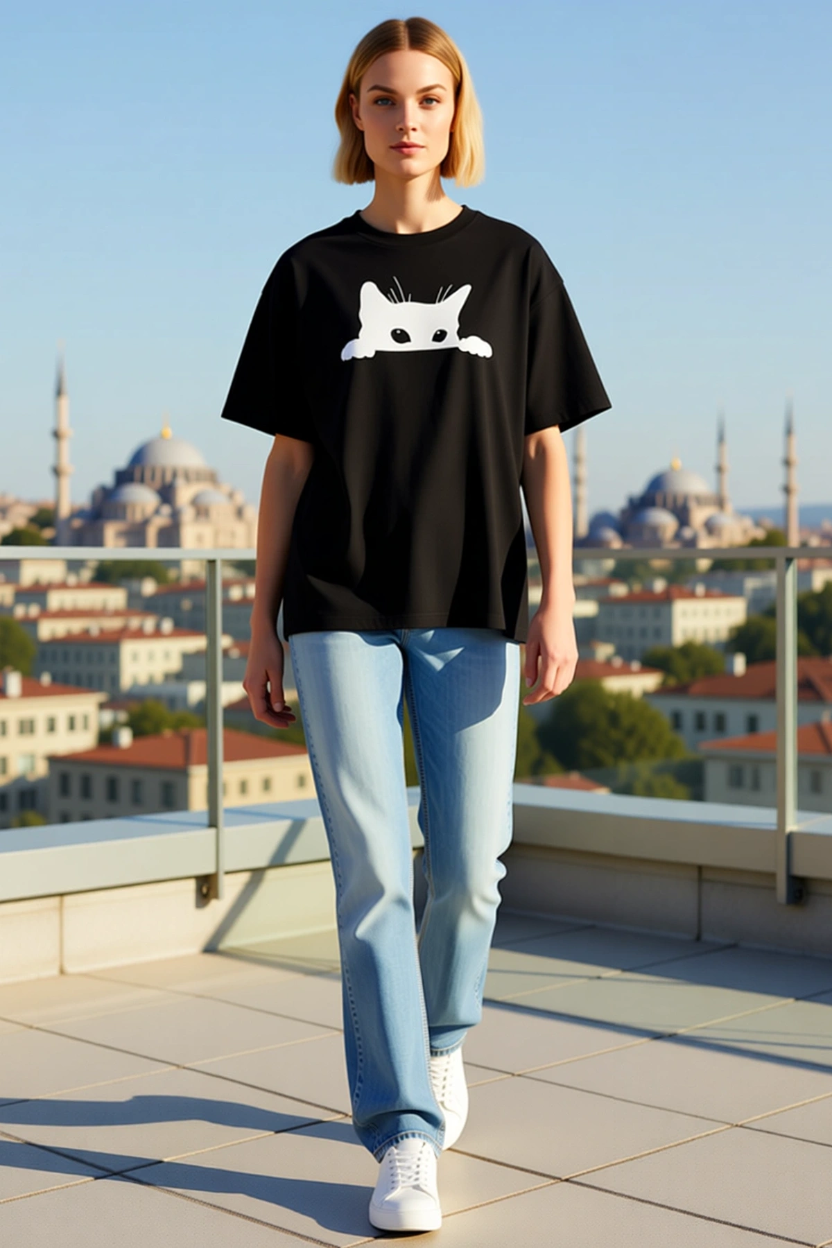 Kedi Grafikli Oversize Kısa Kollu Kadın Tişört Nefes Alabilir Bisiklet Yaka Rahat Kalıp Günlük