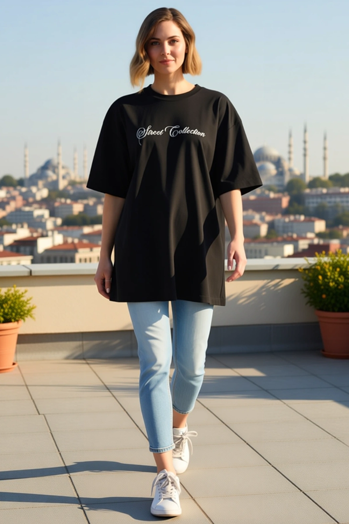 Kadın Baskılı Oversize Tişört Kısa Kollu Bisiklet Yaka Düşük Omuzlu Bol Kalıp Günlük Rahat Kullanım