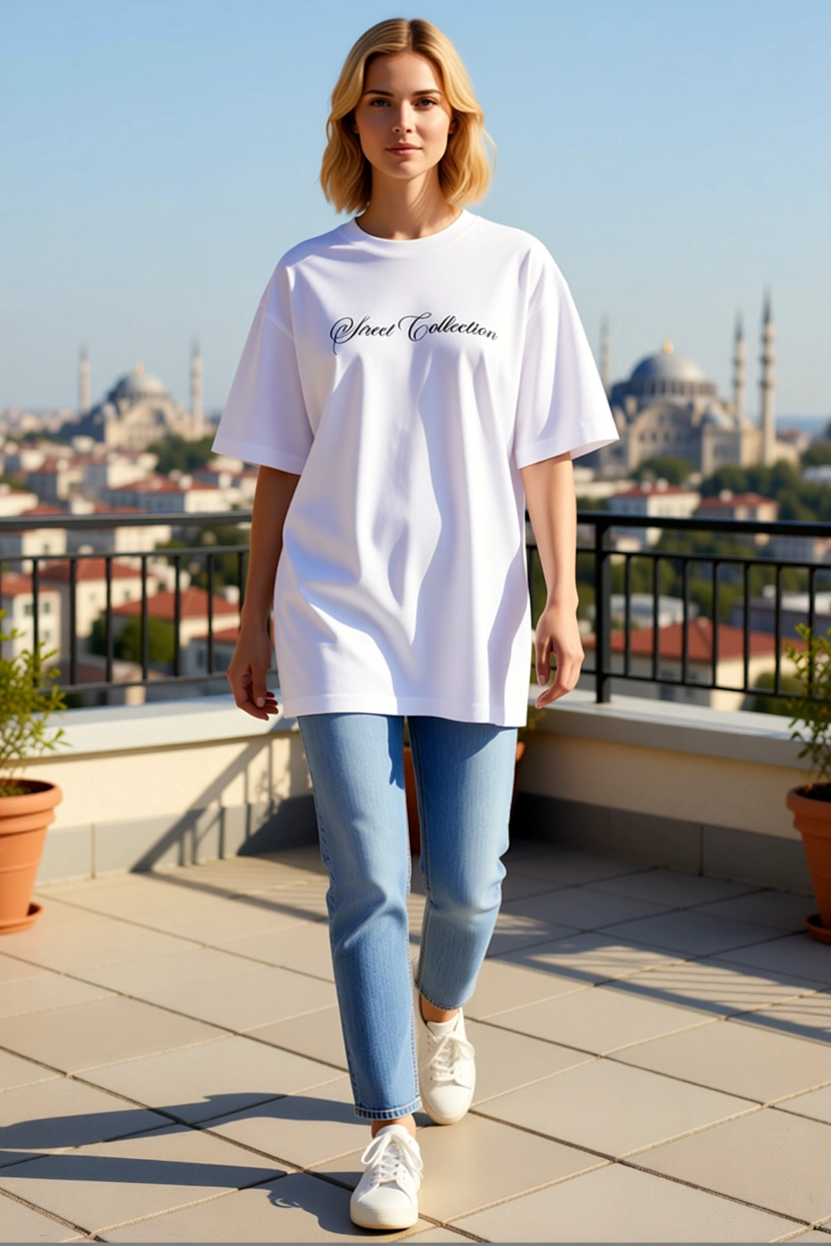 Kadın Baskılı Salaş Tişört Kısa Kollu Bisiklet Yaka Geniş Kol Ağzı Uzun Boy Regular Rahat Günlük